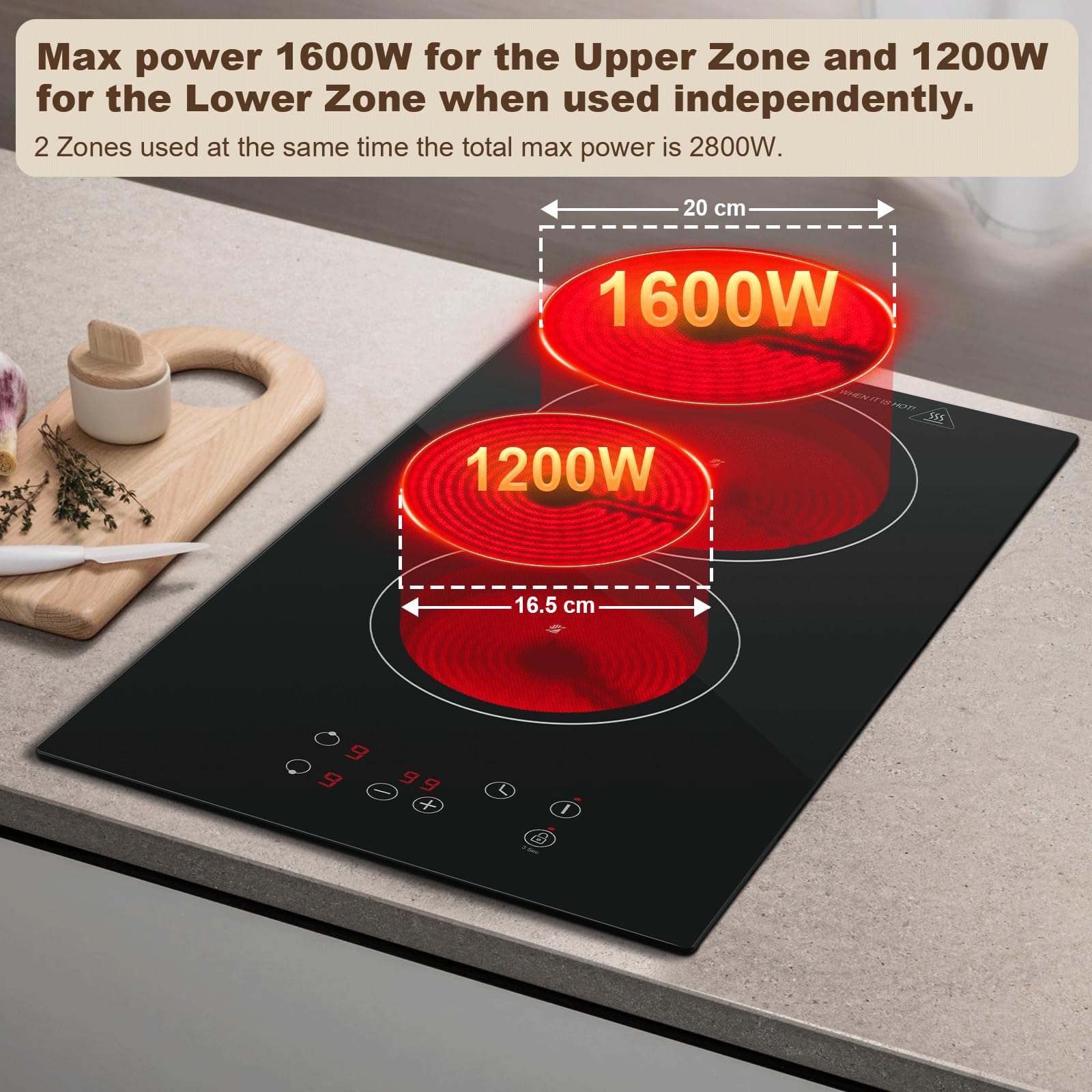 Ceramic Hob 2 Zones, Electric Plug in Hob 30cm 2 Burners, 2800W, 9 Power Levels, 1-99 min Timer, Residual Heat Indicator, Child Safety Lock, compatible with All Pans & Pots - 3