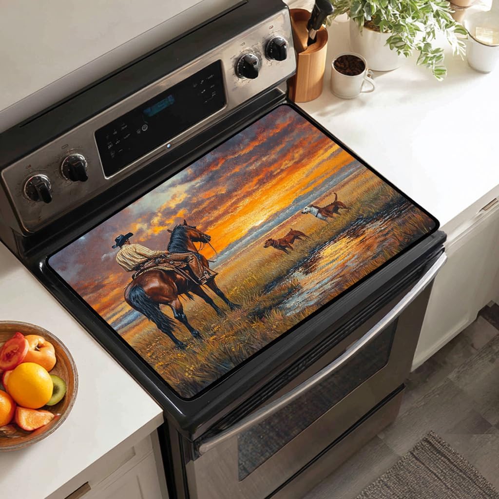 Multi-Design Silicone Stove Cover for Glass/Electric Stoves - Western Cowboy Design Heat-Resistant Protector Mat,Rustic Southwest Stove Top Covers for Gas Burners,Non-Slip Drying Rack28 x20