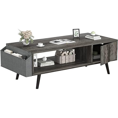 Retro Coffee Table, Mid-Century Coffee Table with Storage Shelf for Living Room, Modern Wood Look Coffee Table with Storage Bag and Cabinet, Easy Assembly, Black Oak