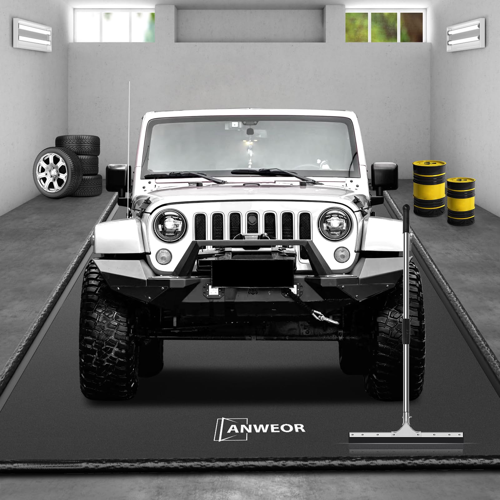 Garage Floor Mat 8'6\" x 20' Upgraded Satin Finish Texture Non-Slip Containment Mat Waterproof Garage Floor Mat for Under Car Heavy Duty Protection Mat with Floor Squeegee for All Seasons
