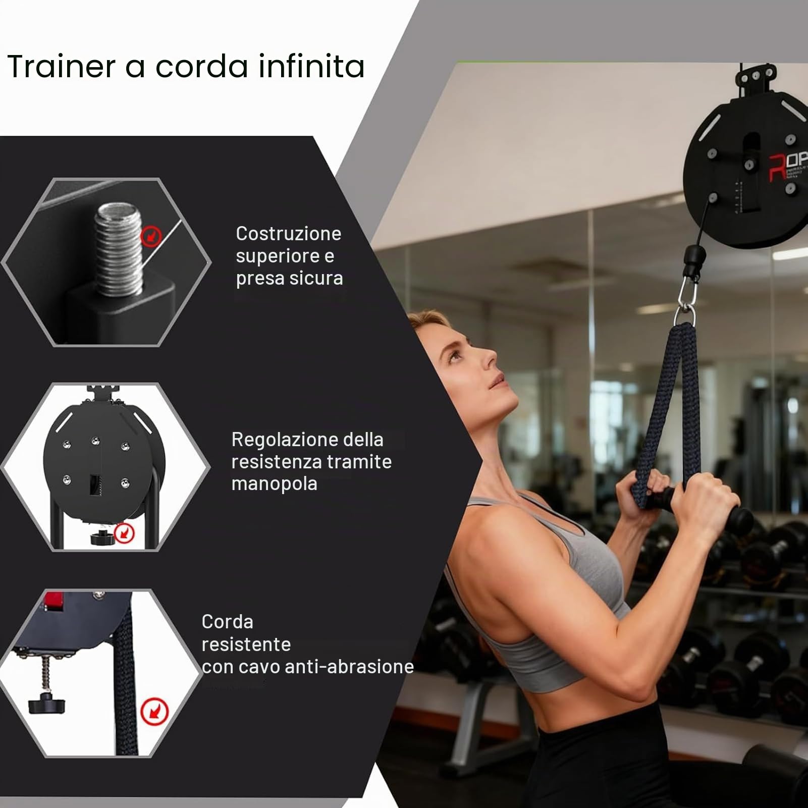 Endless Rope Trainer, Q Rope Endless Rope Trainer, Sistema di Pulegge a Cavo, Resistenza Regolabile, Allenamento Completo del Corpo, Forza, Coordinazione, Palestra Domestica (Black&Red)