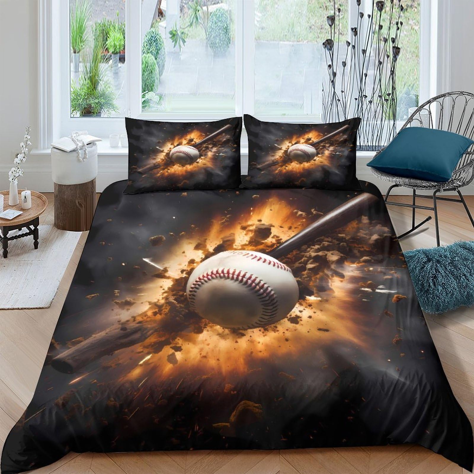 Ctjqhvkz Style-2 3D Printed Baseball Explosion Fitted Sheet Microfiber Soft Breathable Sports Fire Bed Cover For Bedroom Dorm Mattress Protection Decor Single（135X200cm）