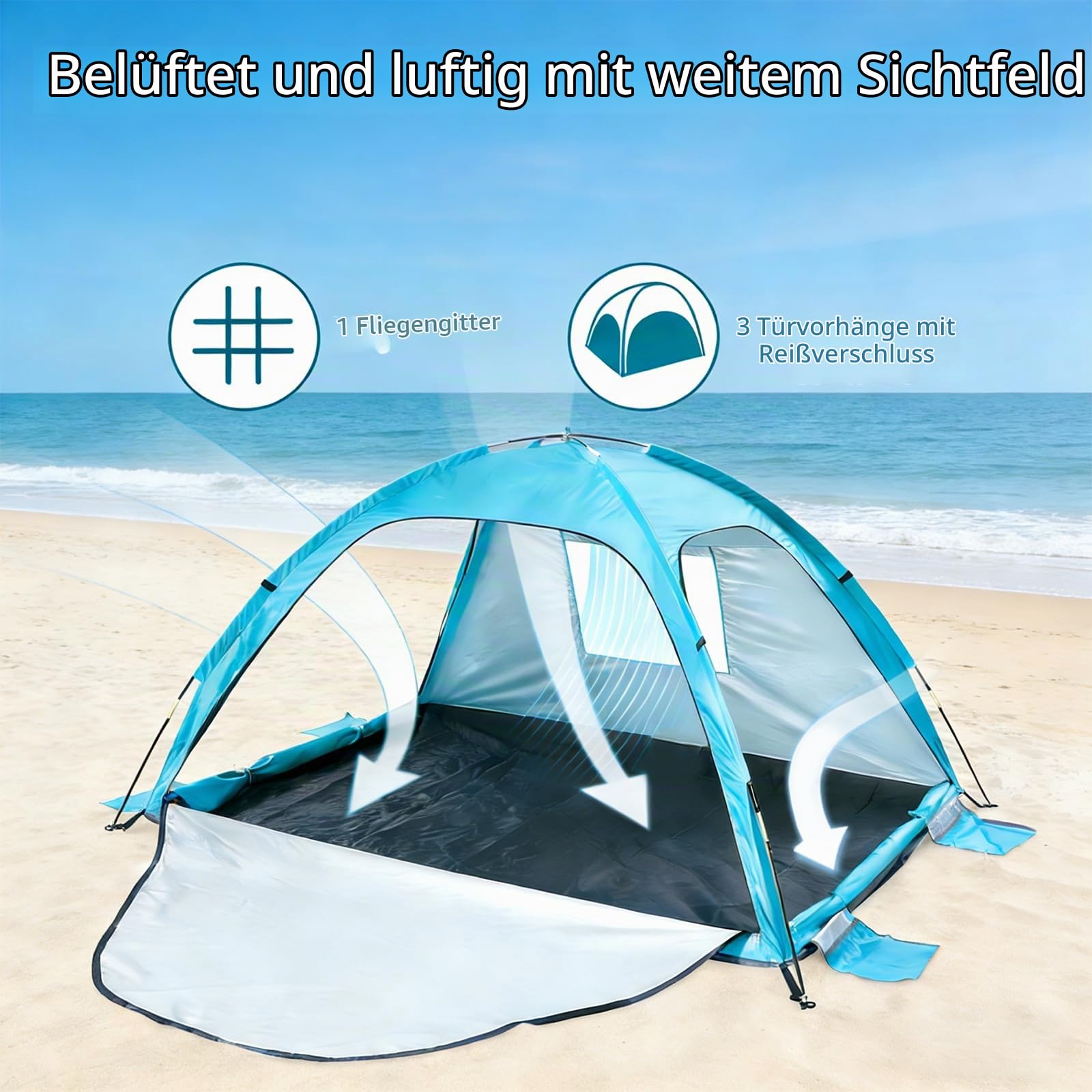 Strandmuschel, UV Schutz 50+ Familie Zelt für 3-4 Personen, Belüftung Strandzelt mit 3 Reißverschluss Türen und 1 Netzfenster, Tragbar Windschutz Sonnenschutz Strandzelt für Strand, Garten
