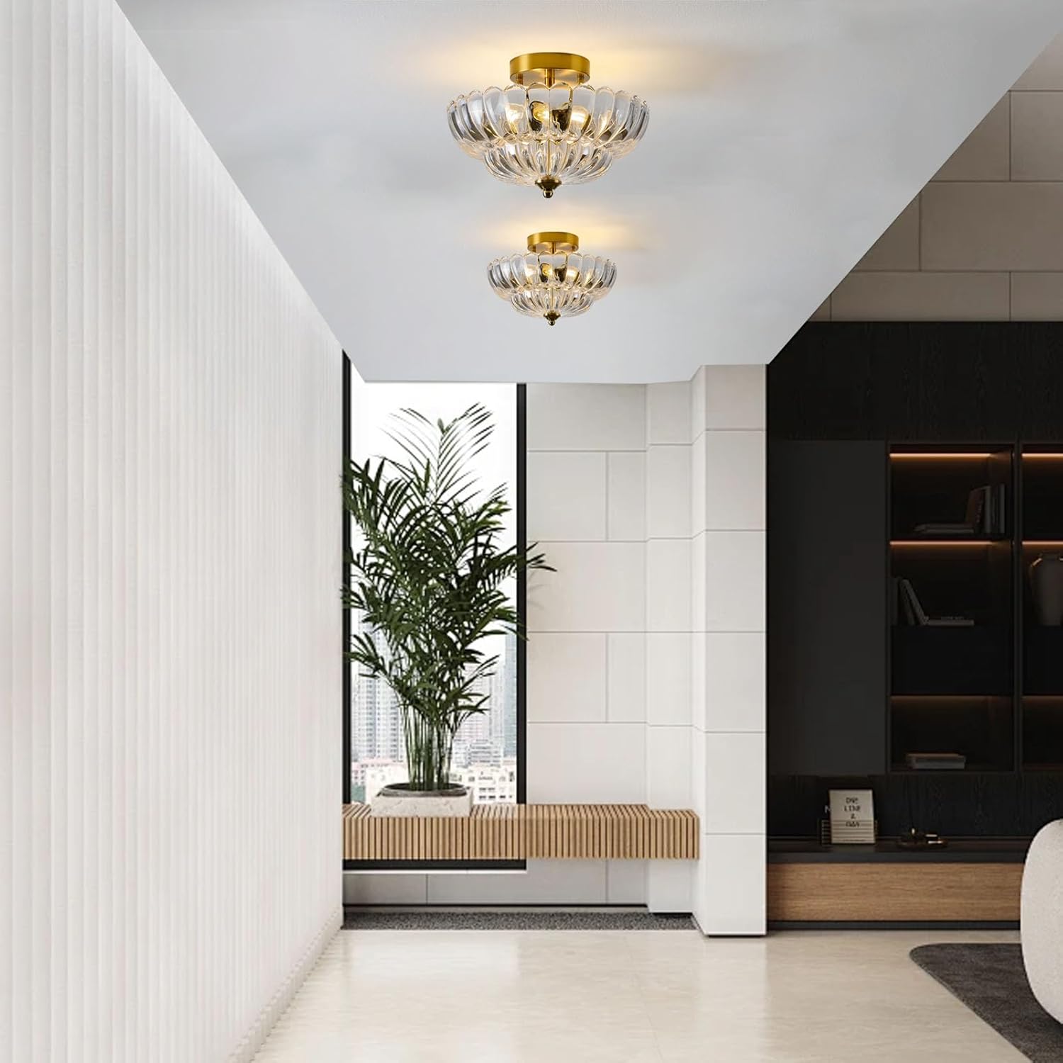 Gold Semi Flush Mount Ceiling Light, 12 Inch Vintage Crystal Light Fixture with 3-Light E26 Base, Modern Close to Ceiling Lamp for Bedroom Hallway Entryway Kitchen Foyer