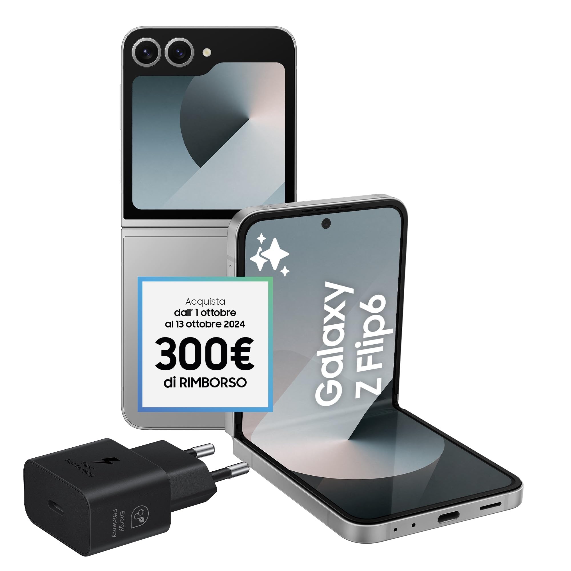 SAMSUNG Galaxy Z Flip6 Smartphone AI pieghevole, Caricatore Incluso, RAM 12GB, 256GB, Dual SIM, Display 3,4" SAMOLED/6,7" Dynamic AMOLED 2X, Fotocamera 50 MP, Silver Shadow [Versione italiana]