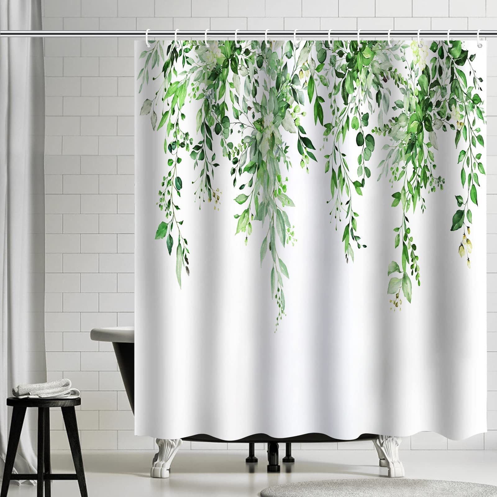 Shower Curtain 180 x 200 cm Curtains Bathroom Shower Curtain Plants Green White Bath Curtain Anti Mould Textile Washable Waterproof - Image 2