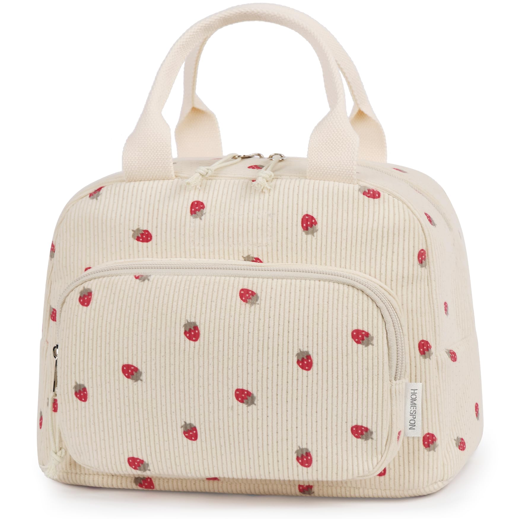 HOMESPON Lunch Bag for Women Men Adults with Front Pocket Cute Corduroy Insulated Lunch Tote Large Capacity Lunch Box Cooler Container for Work Picnic or Travel (Strawberry Beige)