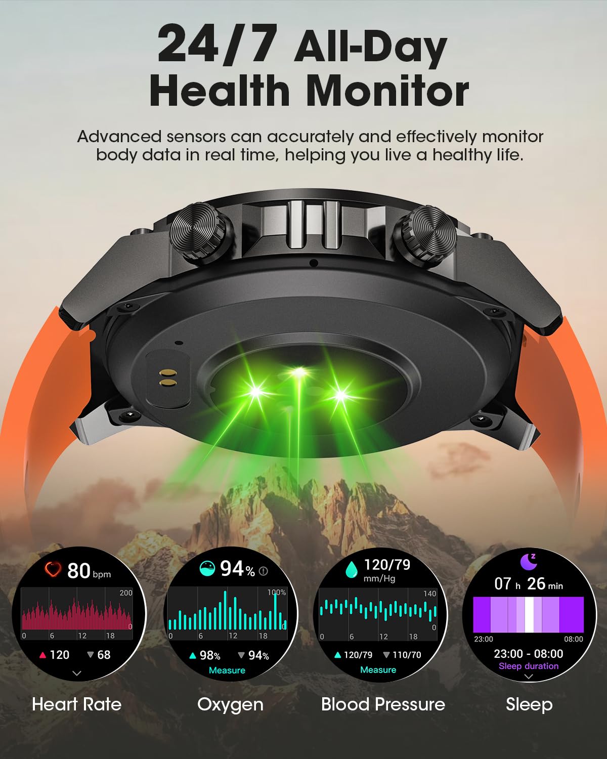 DEKELIFE Smartwatch Uomo Militare, 1.46” Orologio Smartwatch con Chiamata Bluetooth, 500mAH IP68 Impermeabile 120 modalità Sportive Cardiofrequenzimetro e Sonno, Smartwatch per Android iOS, Arancione