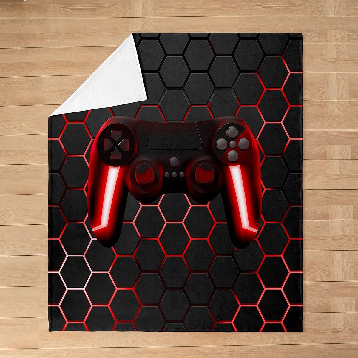 Spiel-Flanell-Decke für Jungen Teenager-Spielen-Überwurf Kinder-Gamer-Überwurf rote Neonlichter Gamepad-Geometrie Waben-Sechseck Plüschdecke leicht warm für Schlafsofa, Couch Dekoration, 150 x 200