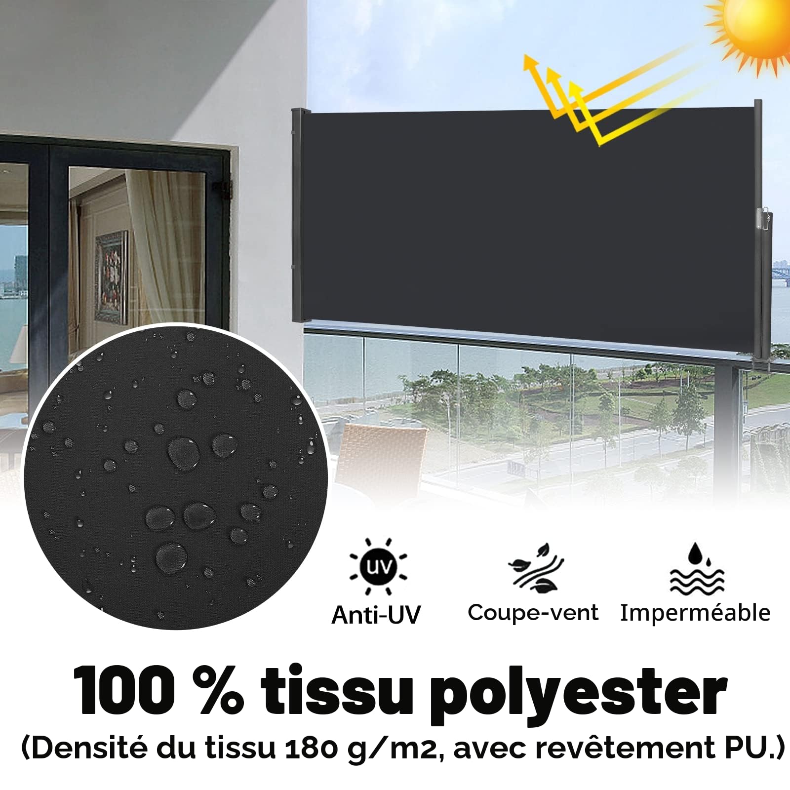 LZQ Store latéral extensible - Pare-vue - Protection solaire - Auvent - En polyester - Résistant à l'eau (100 x 300 cm, anthracite)