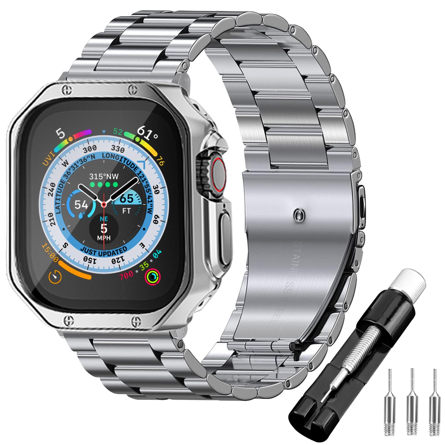 iTecFree for Apple Watch Metal Band with Case 49mm 46mm 45mm 44mm 42mm 41mm 40mm 38mm,Stainless Steel Bands Men Sports Wrist Strap and TPU Soft Case