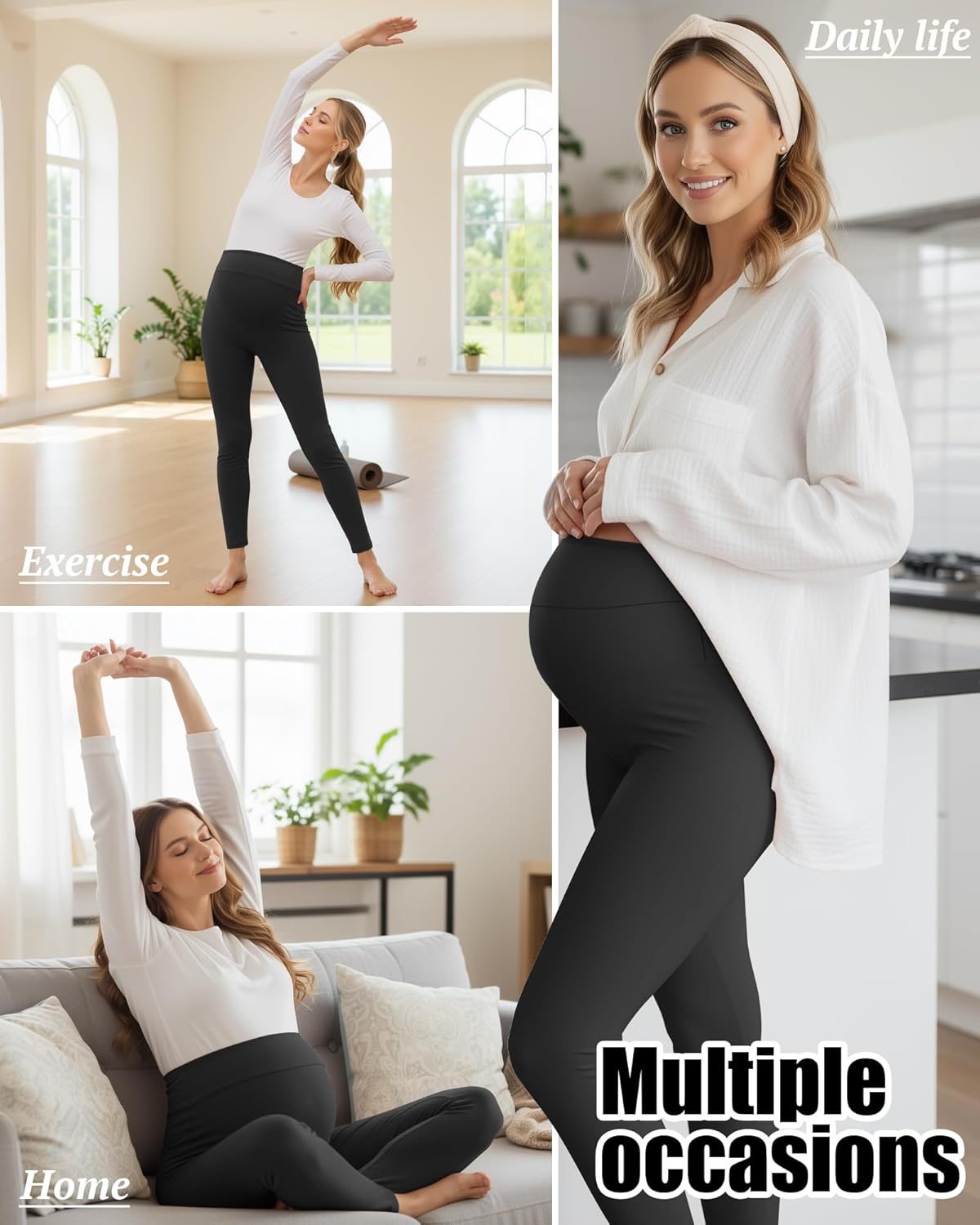 3 Pack Women's Maternity Lightweight Leggings, Over The Belly Pregnancy Casual Pants High Waisted Stretchy Workout Activewear(Black,X-Large) - Image 3