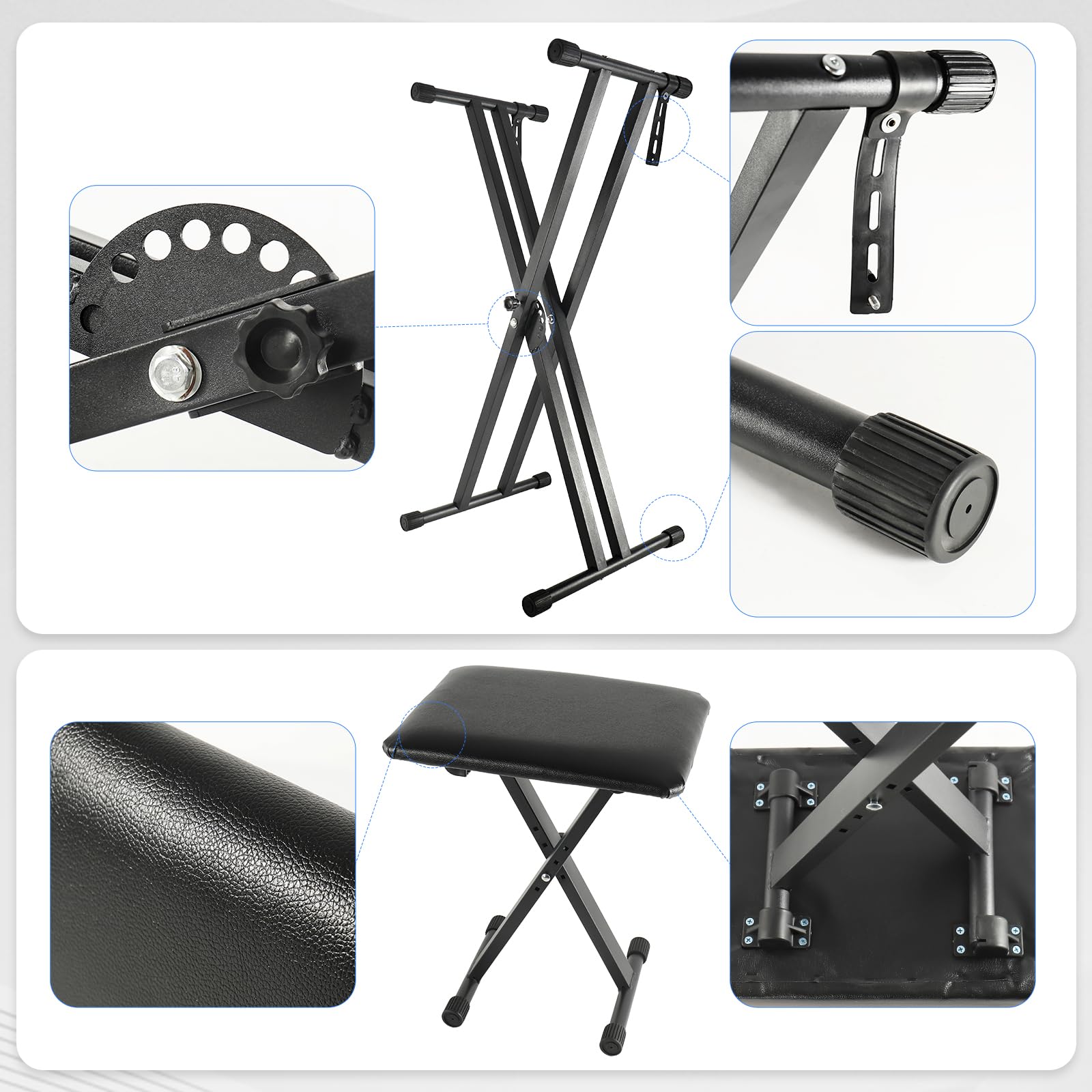 Set Supporto per Tastiera e Sgabello, Doppio X‑Frame, Panchetta Imbottita Regolabile in 4 Posizioni, Stabile e Pieghevole, Cinghie Di Fissaggio Inclusi, Colore Nero