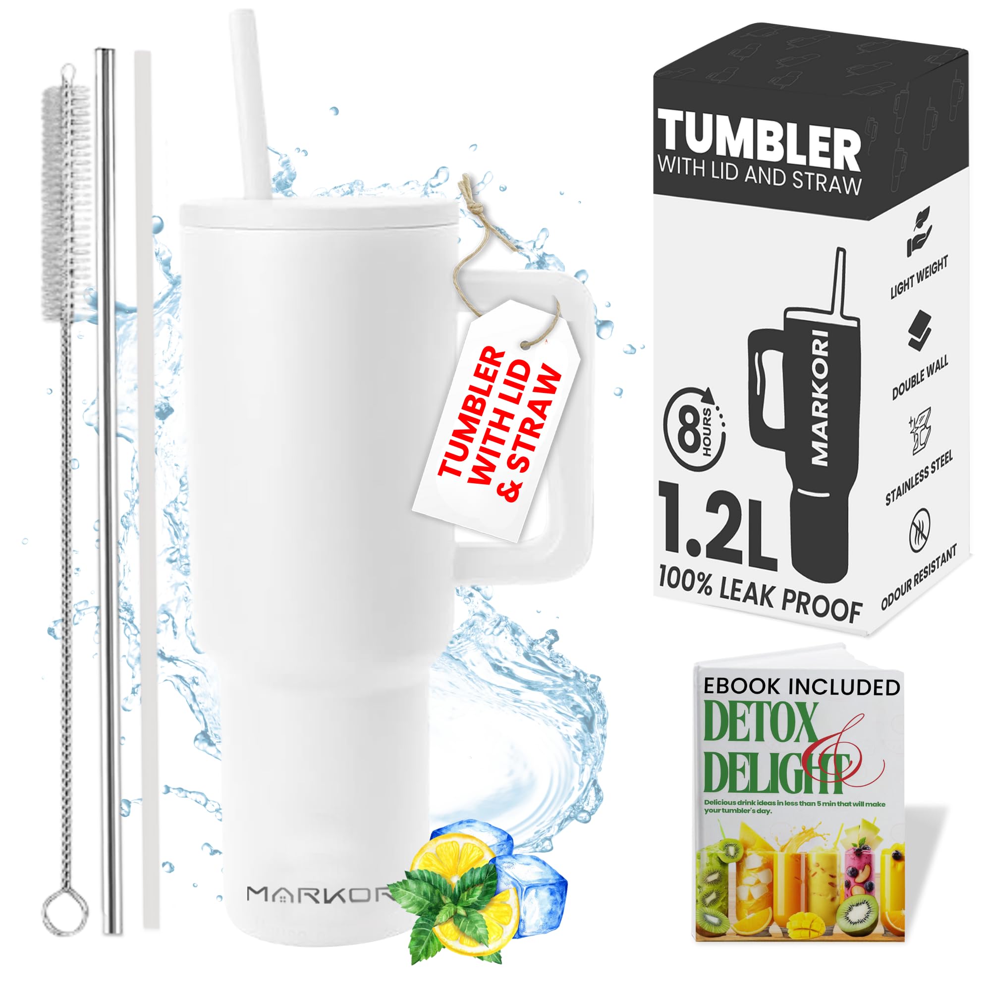 Markori 1.2L Stainless Steel Insulated Water Tumbler with Lid and Straw |12hr Hot & 8hr Cold| Fits Cup Holder| Leak Proof| for Gym, Office,Travel| Includes 2 Straw,1 Brush & Free Ebook (Snowy Sipper) (B0D8WFVVVQ) Amazon Price History, Amazon Price Tracker