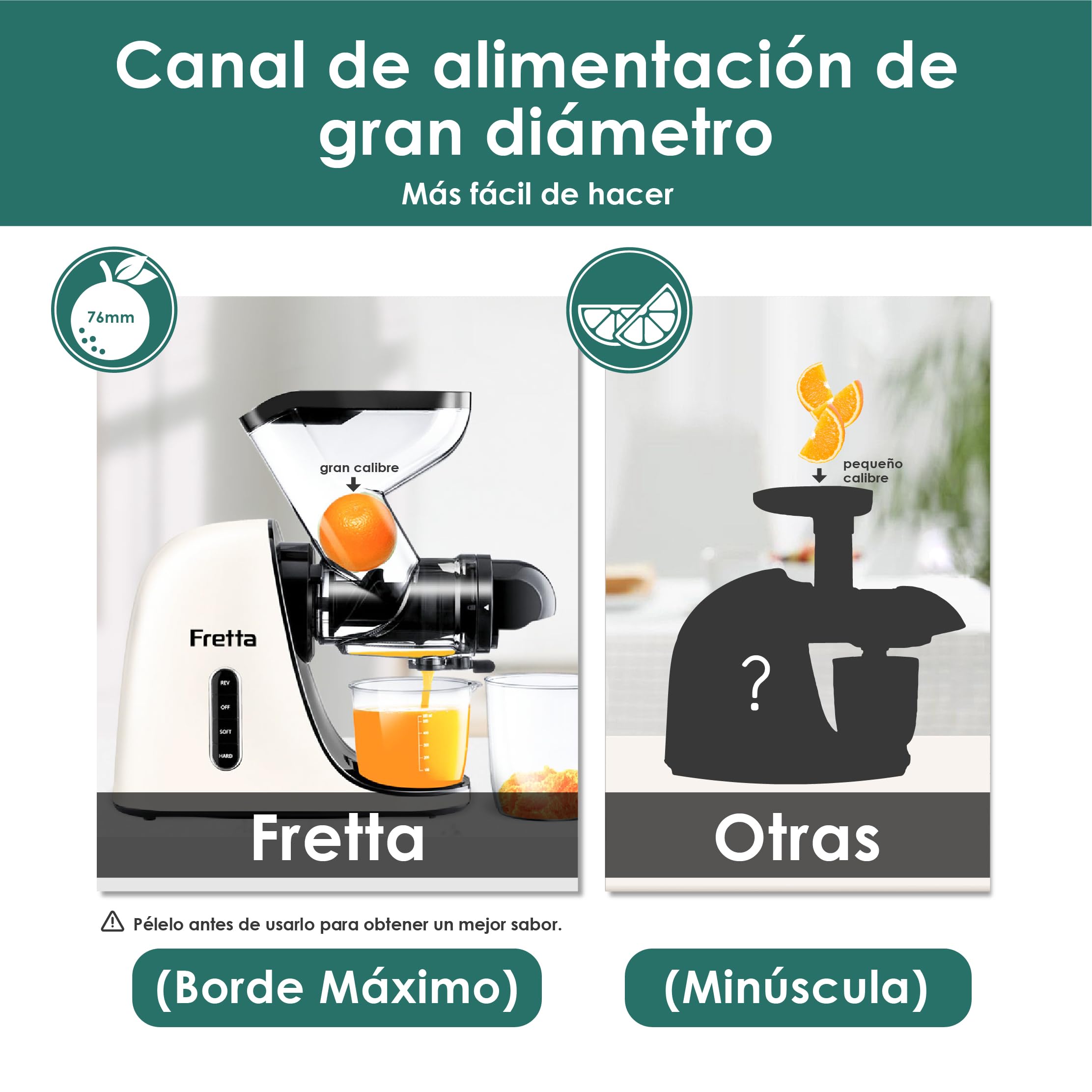 Fretta Licuadora prensado en frío,Extractor de zumos y verduras,Cold press slow juicer machine,Motor Silencioso y Función Inversa, fácil de limpiar,Recetas de jugos de regalo (Blanco)