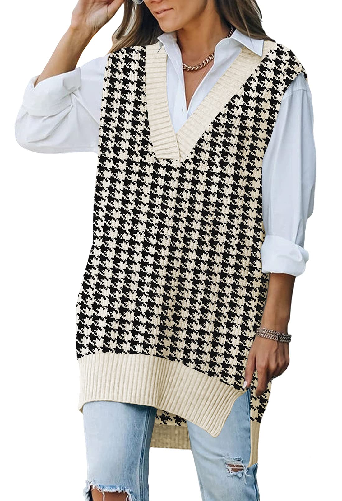 Viottiset Women's Oversized V Neck Knit Sweater Vest Tunic Sleeveless Pullover Top Small 1-apricot Houndstooth