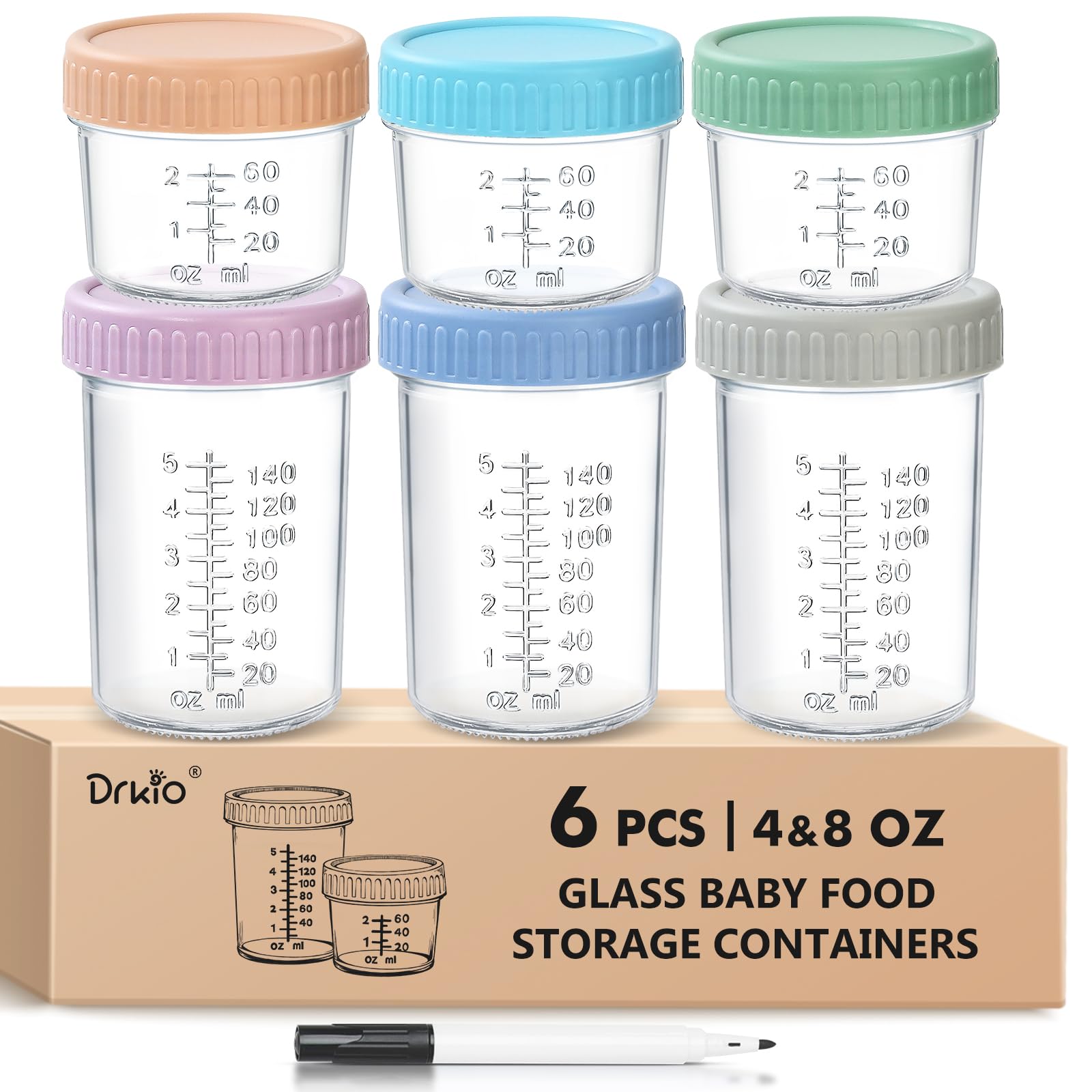 DRKIO - Paquete de 6 recipientes de vidrio para almacenar alimentos para bebés, 4 frascos de 8 oz con tapa, aptos para microondas, lavavajillas y congelador, 100 % a prueba de fugas, sin BPA, reutilizables