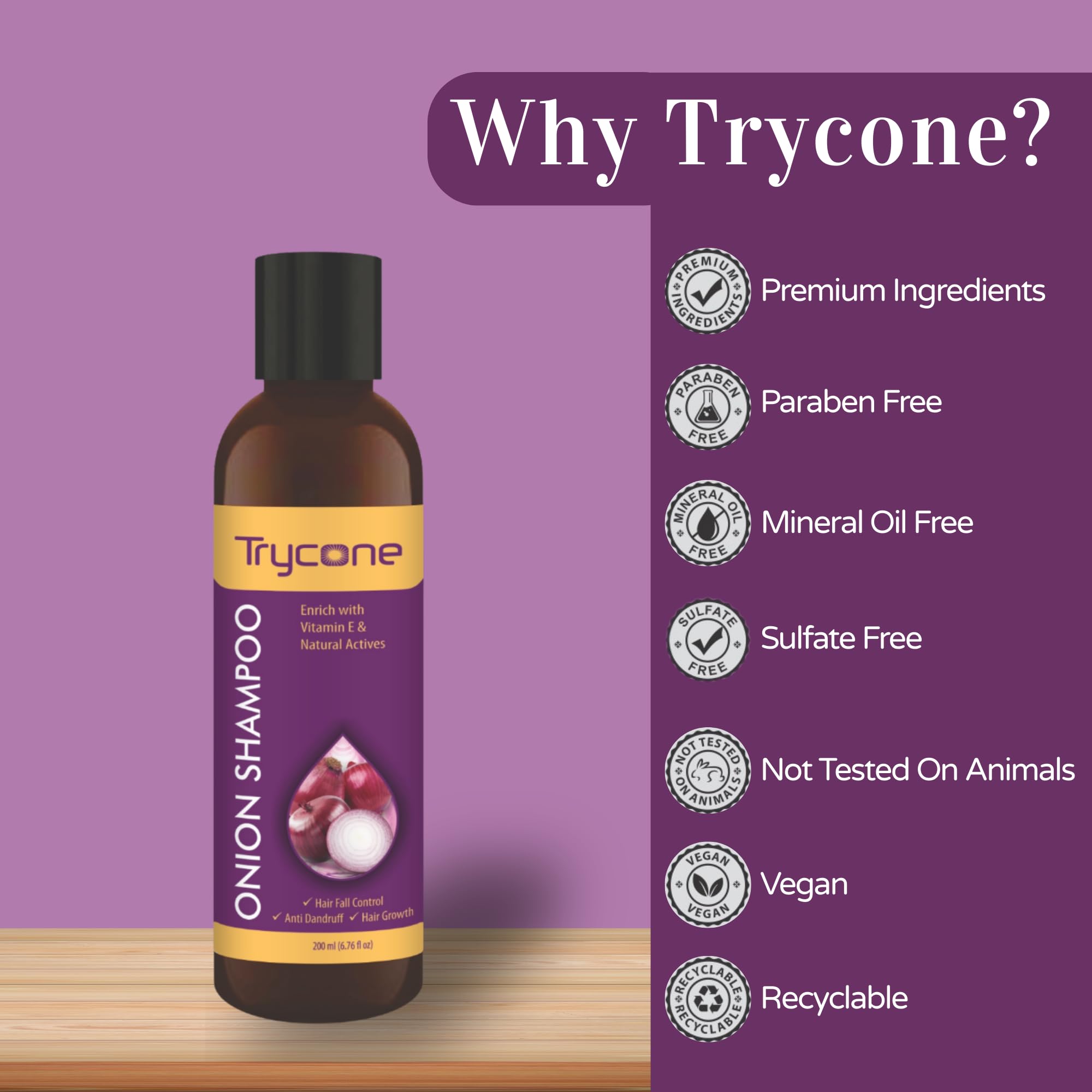 Trycone Onion Shampoo for Hair Growth & Hair Fall Control, with Onion Oil and Natural Actives also Paraben, SLS and Mineral Oil free - 200 ml 1
