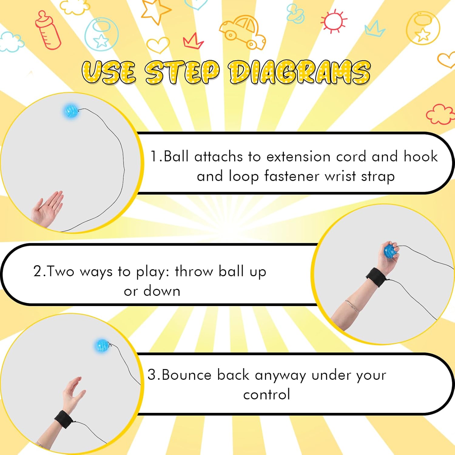 Jerify Wrist Balls on a String with Elastic String Return Ball Bulk Flashing Wristband Toys LED Birthday Party Favors for Birthday Halloween Christmas (24 Pieces)