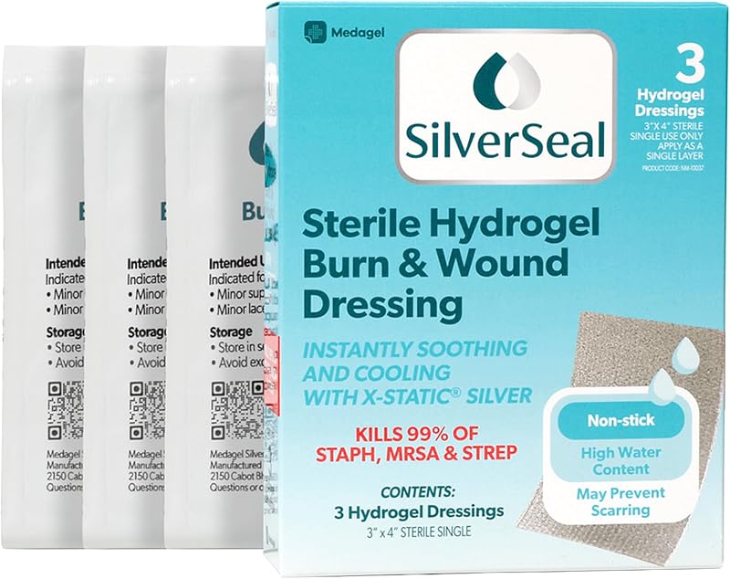 SilverSeal Burn & Wound Dressing - Moist Hydrogel Protection with X-Static Silver, Non Stick Dressings for Burns, Cuts & Wounds, Sterile Medical Grade Skin Care, 3"x4" Size, 3 Count