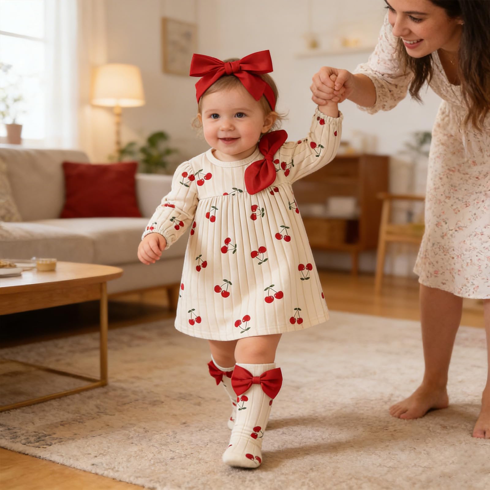 3 Pezzi Vestito per Bambina Neonato Completo a Manica Lunga Fascia per Capelli Fiocco e Calzini Abbigliamento Carino Stampato Neonati da 1 a 12 Mesi