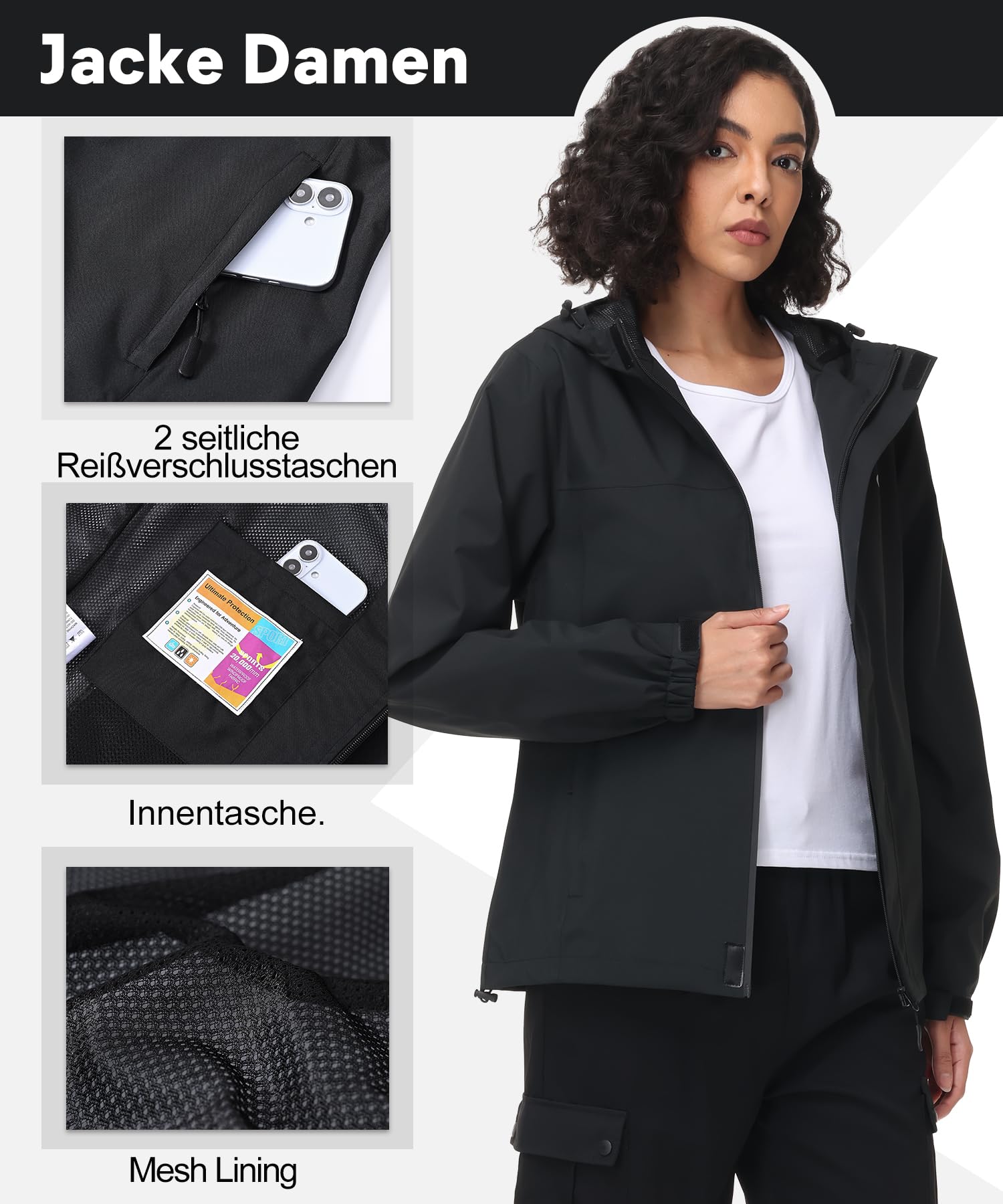 Huayuzh Chaqueta softshell para mujer, impermeable, transpirable, chaqueta de entretiempo, chaqueta cortavientos, chaqueta de lluvia, chaqueta de senderismo, senderismo, correr, negro, S