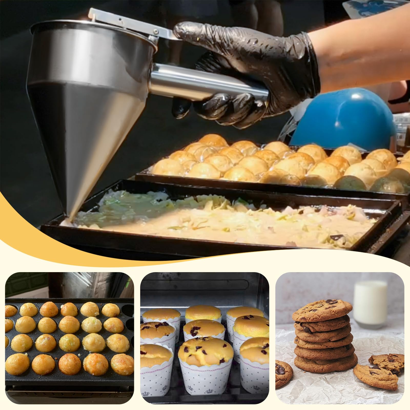 Embudos dispensadores de masa para panqueques con soporte, dispensador de pasteles de acero inoxidable con soporte, ideal para cupcakes, takoyaki o cualquier producto horneado (20 onzas/2.5 6