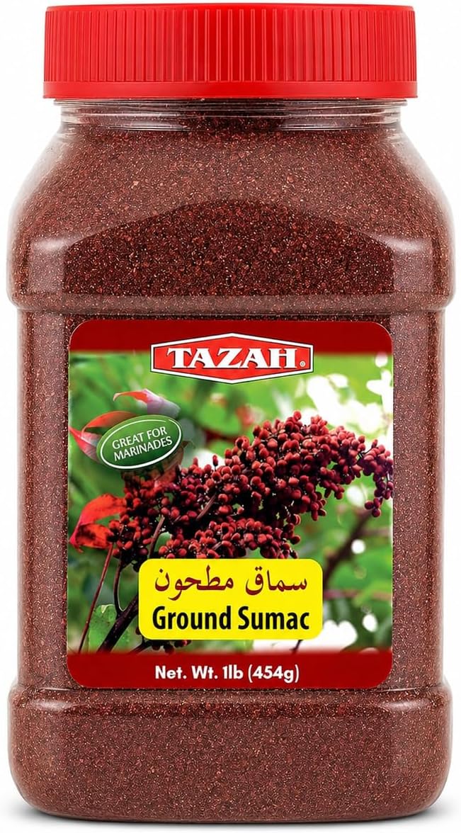 Tazah Sumac Spice - 16oz Ground Sumac Seasoning from Jordan - Essential Ingredient for Mediterranean and Middle-Eastern Cuisine - Perfect for Marinades, Dry Rubs, Kabobs, and Dressings