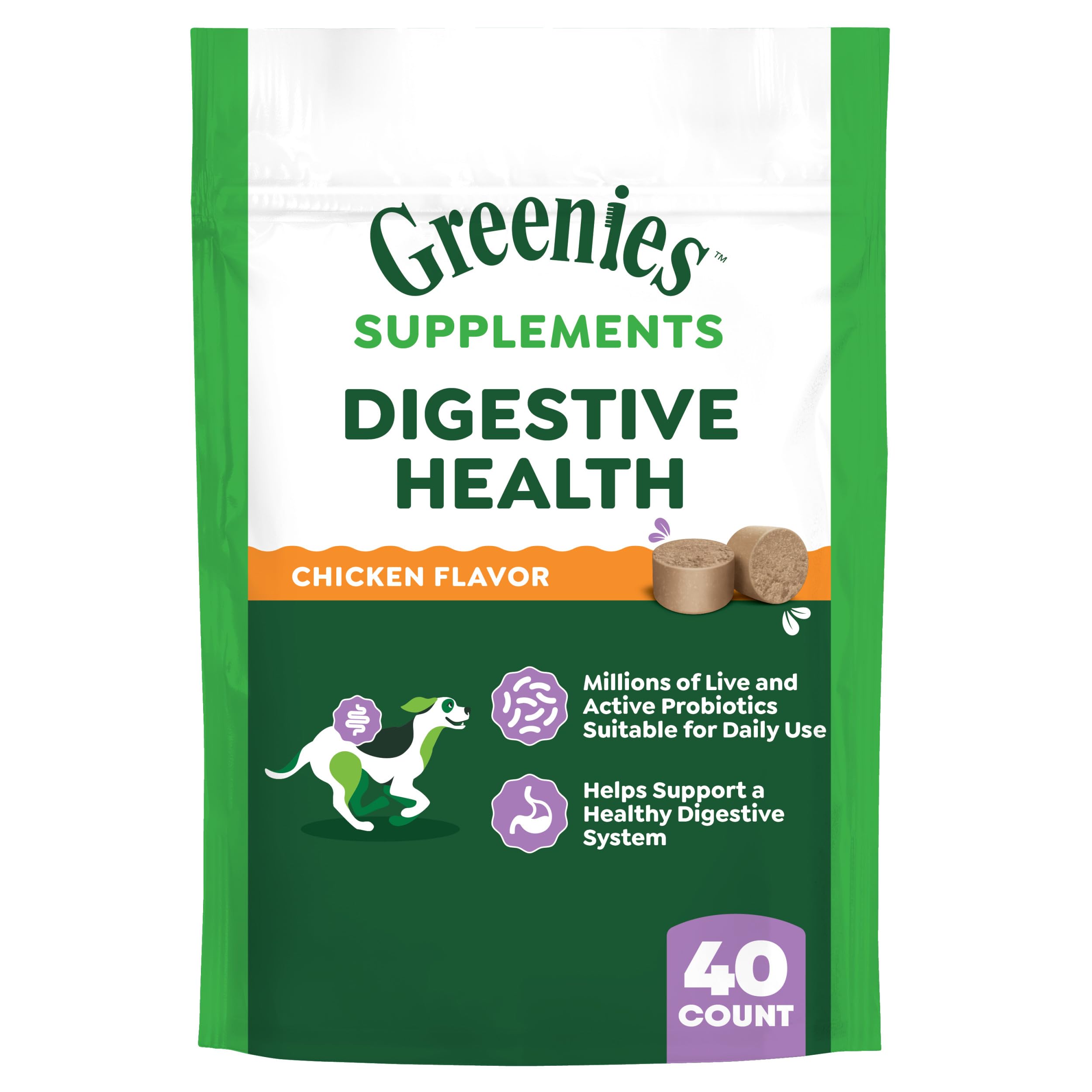 Greenies Supplements Digestive Health Probiotics for Dogs Chicken Flavor, 7.8 oz. Pouch of 40 ct.