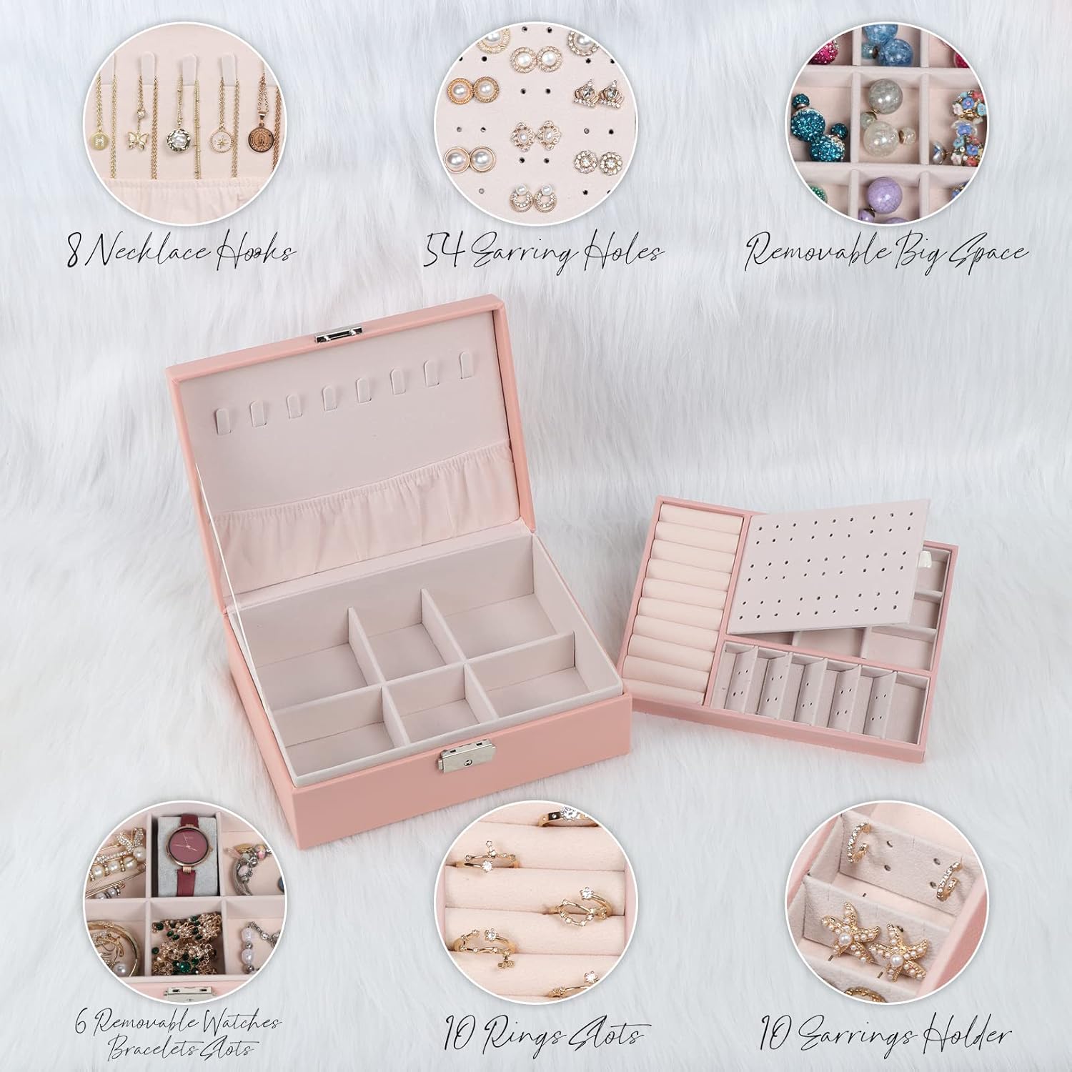 Jewelry Box for Women Girls, 2 Layers Jewelry Organizer Container with Lock, PU Leather Storage Case with Removable Tray, Jewelry Display Box for Necklaces Earrings Bracelets Rings Watches (Pink) - Image 3