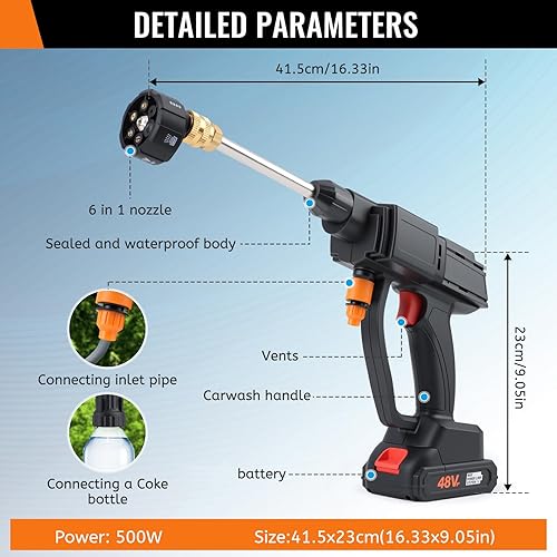 Miniatura 2 de Lavadora a presión portátil para automóvil, pistola de pulverización de agua de alta presión de mano, lavadora a presión inalámbrica con boquilla 6
