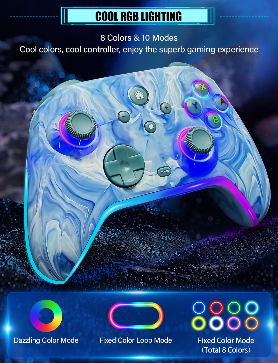 RJAD Controller di commutazione wireless per Nintendo Switch/Lite/OLED/Switch 2, controller Pro da 1200 mAh, interruttore LED a 10 colori che si illuminano, interruttore turbo remoto con turbo
