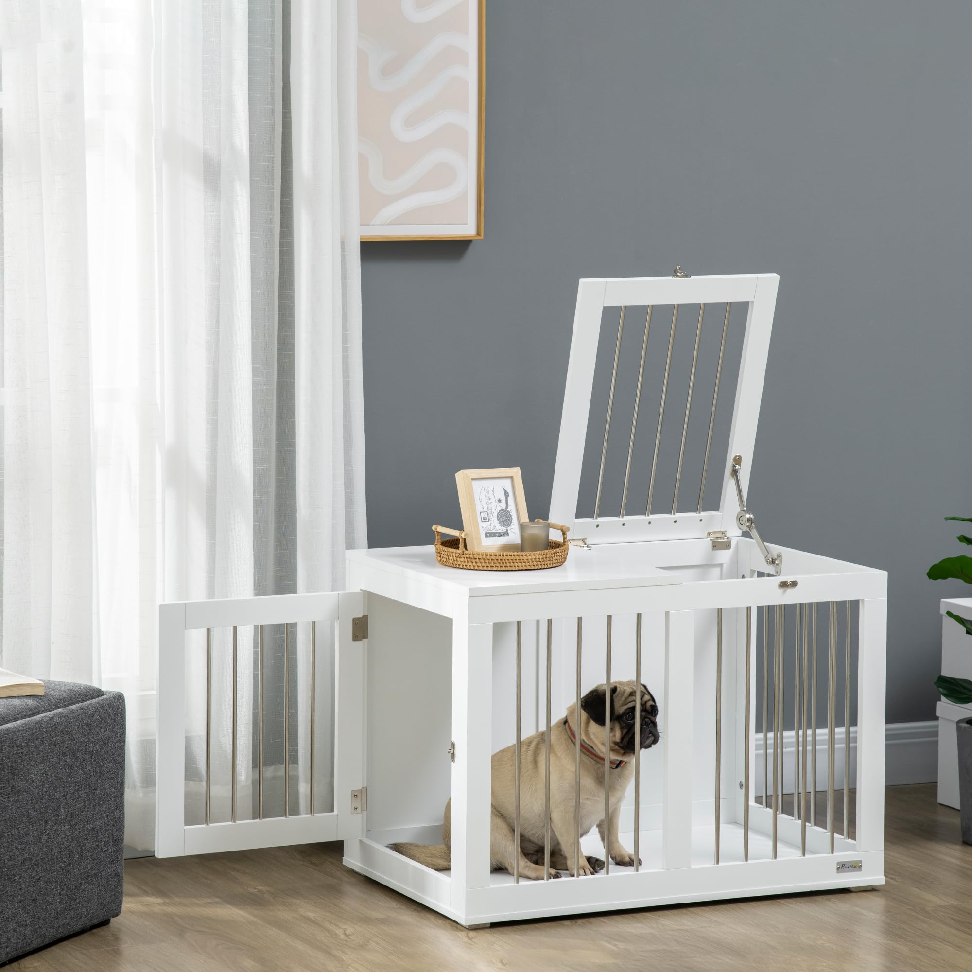 PawHut Jaula para Perros Medianos 2 en 1 Mesa Auxiliar Estilo Moderno con 2 Puertas con Pestillo y Estructura de Acero Inoxidable Casa para Perros 80x50x56,5 cm Blanco
