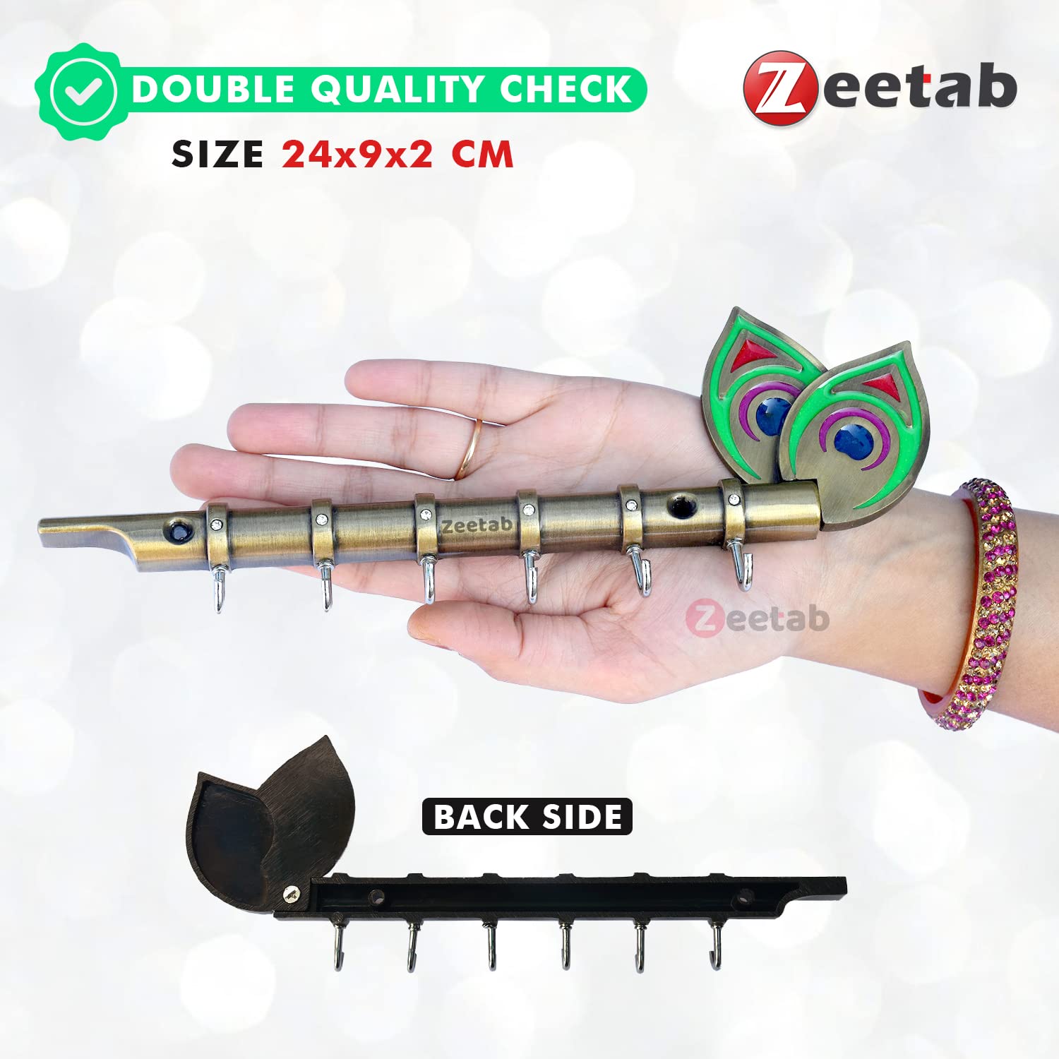 Zeetab Lord Krishna Key Holder & Hanger with Diamond, Metal Peacock Flute Key Stand with 6 Hook Wall Mount, Home Decor Gift (Antique Brass) 2