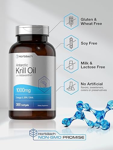 Miniatura 5 de Horbäach Aceite de krill antártico de 1000 mg cápsulas blandas | 300 unidades | Suplementos Omega 3 con astaxantina, EPA, DHA | Sin OMG, sin gluten