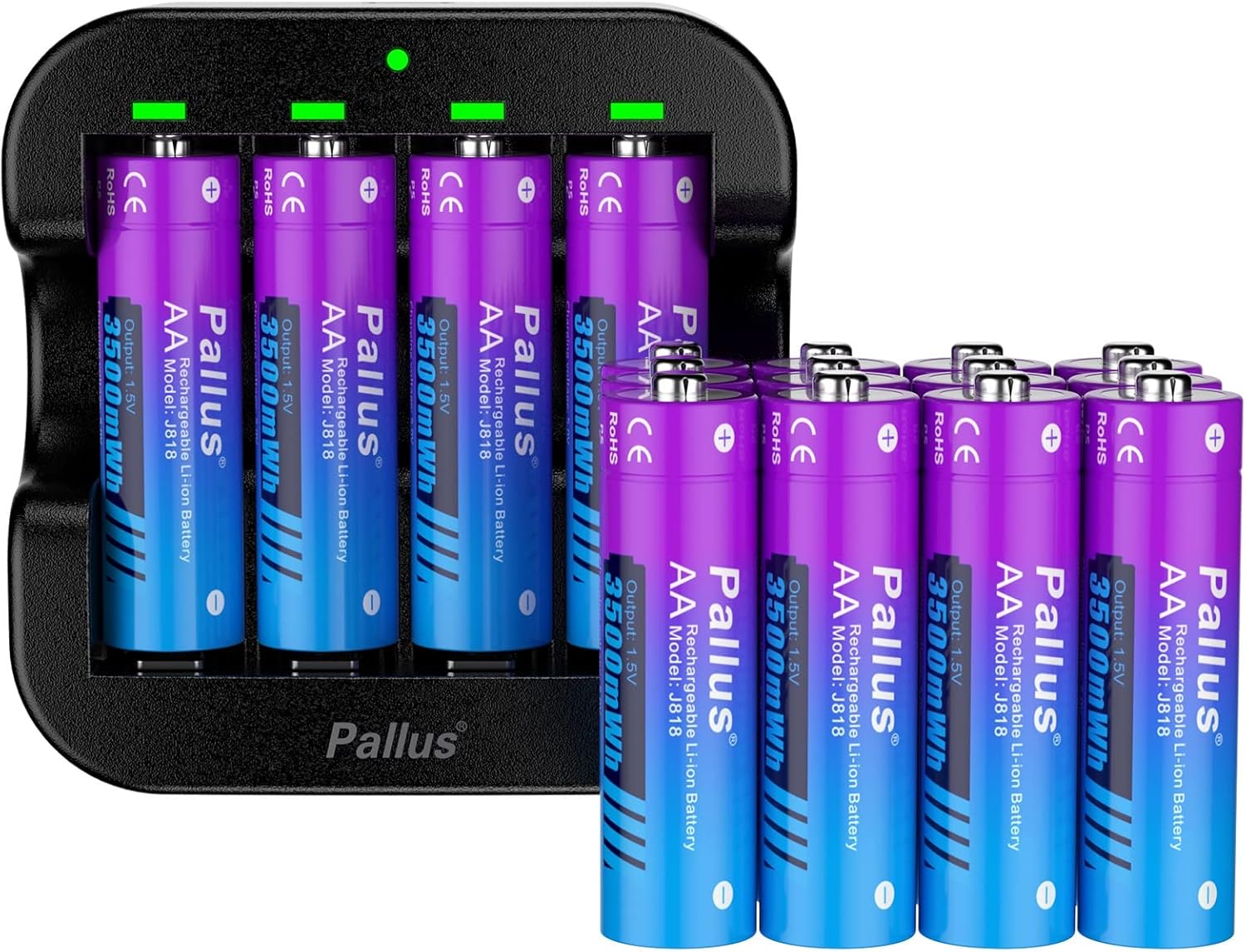 Pallus 16-Pack 1.5V Lithium Rechargeable AA Batteries, 3500mWh Lithium Batteries AA with Ultra Fast Charger for Blink Security Camera, Toys, Long Lasting, High Capacity, 3A Current, Cycles 1600x