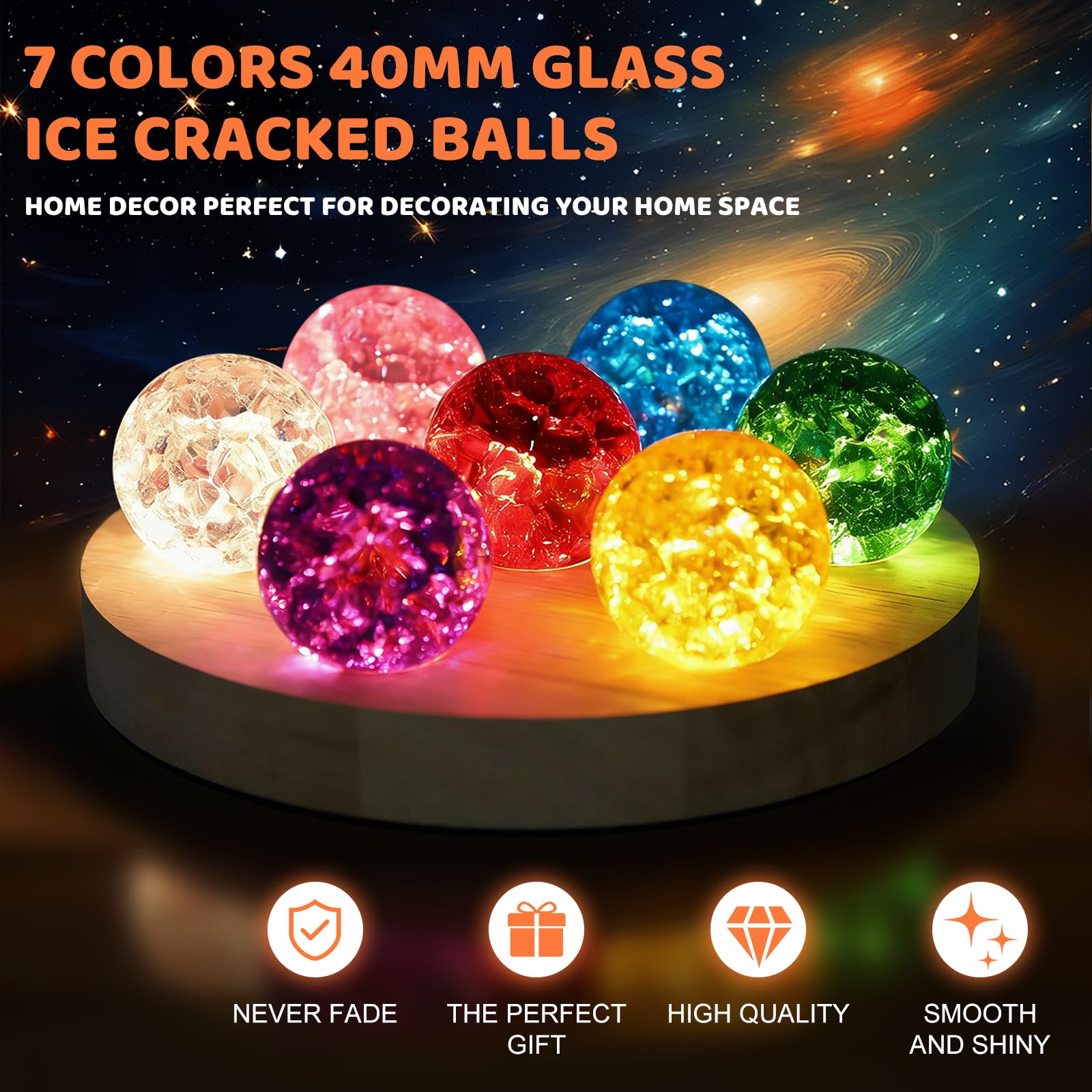 7 kolorowych szklanych kryształowych kul z lampą LED drewniany stojak, naturalne czakry kule nocne światło, obsługa USB, nowoczesny element dekoracyjny do salonu, 17,27 × 17,27 × 6 cm