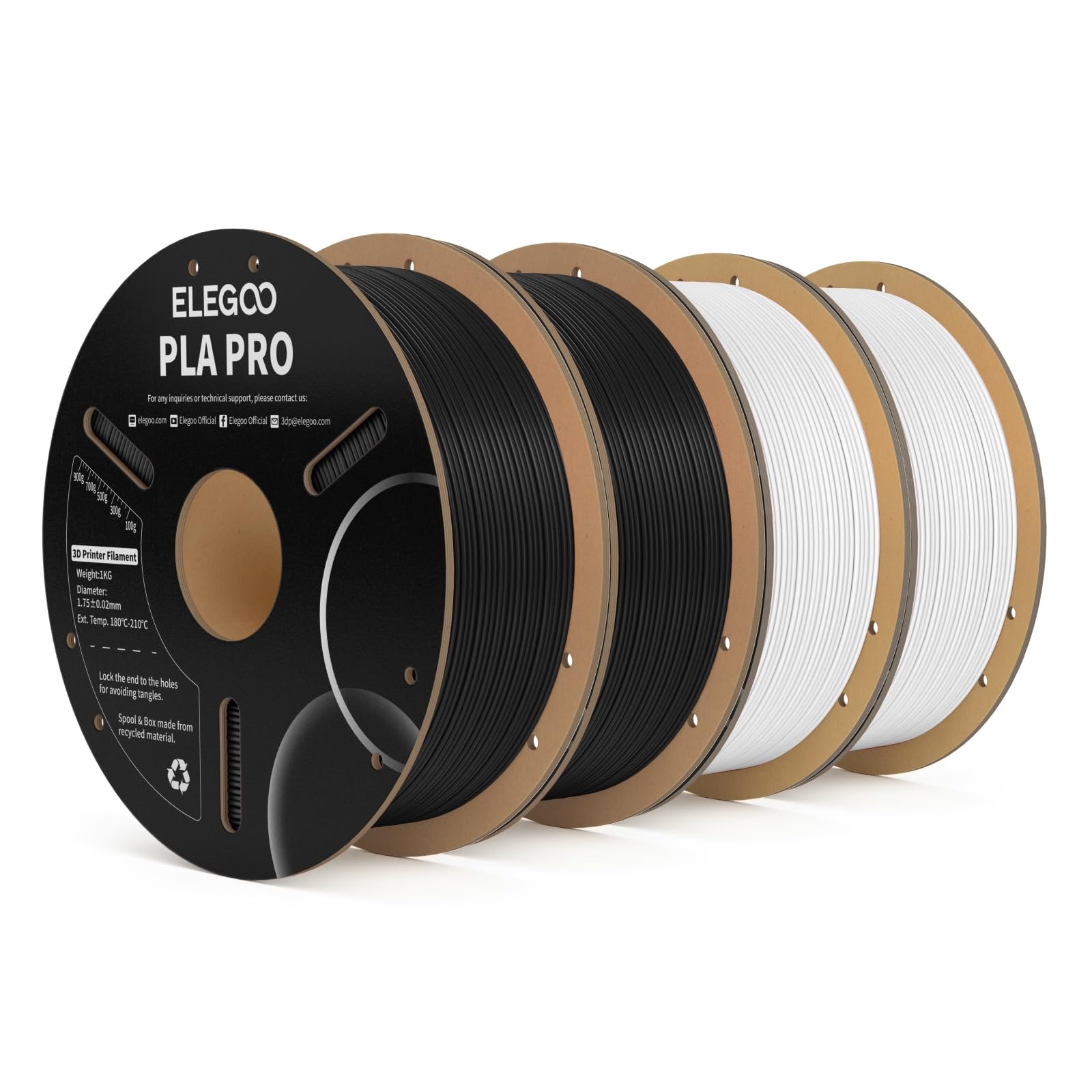 ELEGOO PLA 3D Printer Filament 1.75mm Black & White PRO 4KG | Bundle Filament, Dimensional Accuracy +/- 0.02mm, 4 Pack 1kg Spools 3D Printing Filament, Fits Most FDM 3D Printers