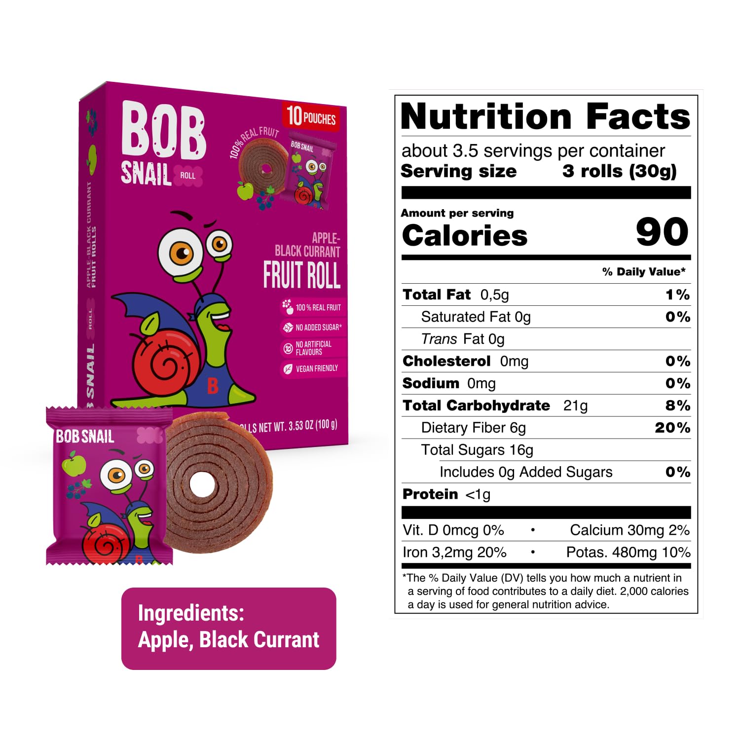 Bob Snail Apple Black Currant Fruit Roll Ups – Healthy Sweets Snacks, Real Dried Fruits, No Added Sugar, Vegan, Nut Free, Candy for Adults, Kids – Bulk 50 pcs Rolls, 500g
