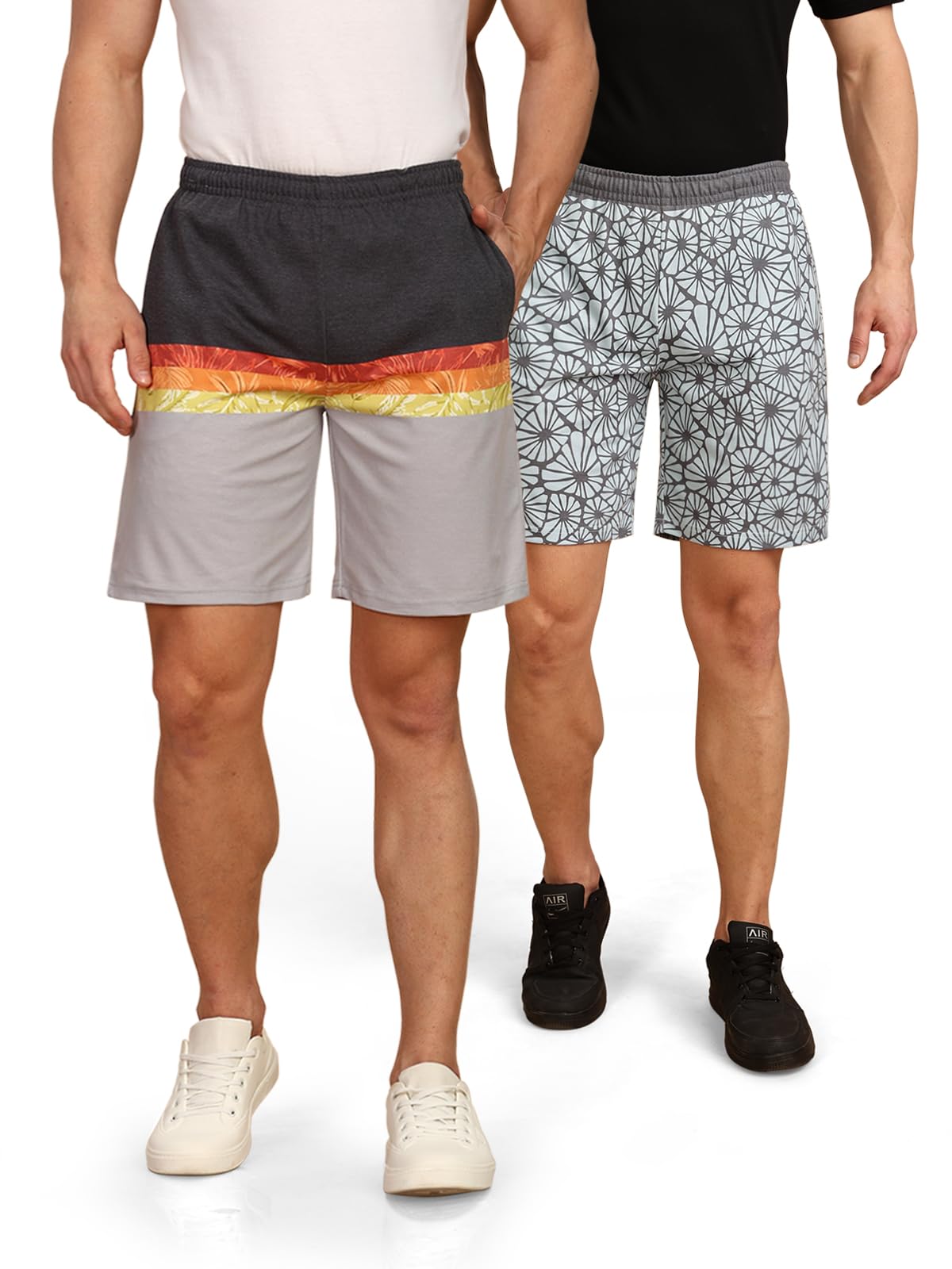 BULLMER Regular Fit Cotton Blend Summer Shorts for Men - Pack of 2 | Printed Shorts for Men Blue/Grey