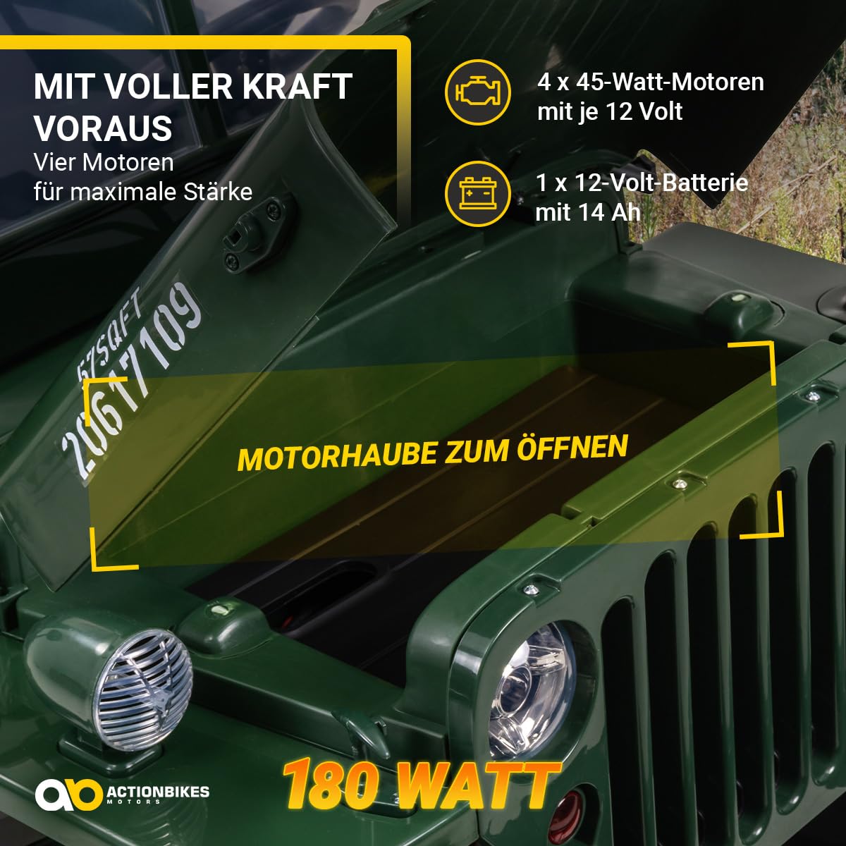 Actionbikes Motors Kinder Elektroauto Jeep Willys | Fernbedienung mit First Funktion - 4x4 Allrad Antrieb - Kinderauto elektrisch - Elektrofahrzeuge - Elektro Auto für Kinder ab 3 Jahre (Grün)