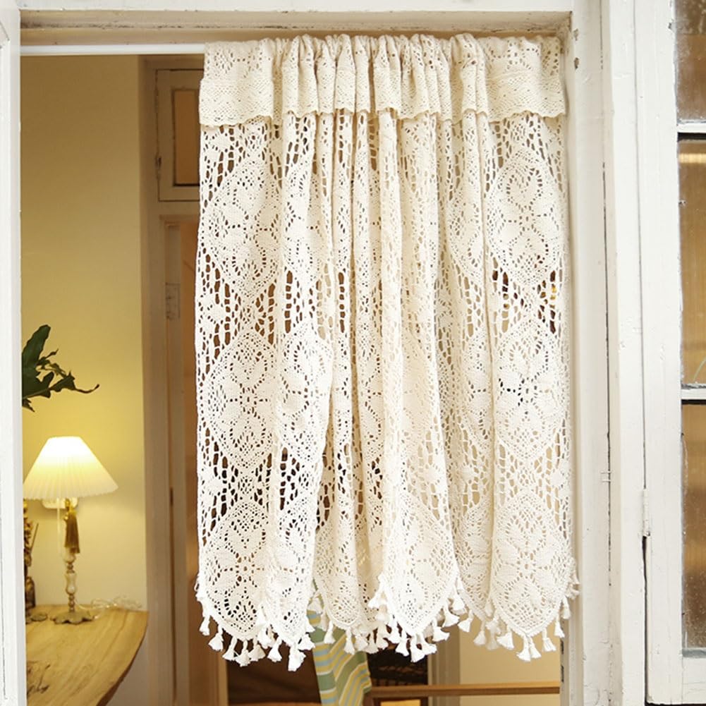 Rideaux Court de Cuisine, Petits Rideaux Creux Tricoté au Crochet Style Rural, Rideaux de Demi-Fenêtre en Coton avec Pompons((WXH) 160x62cm/63x24in)