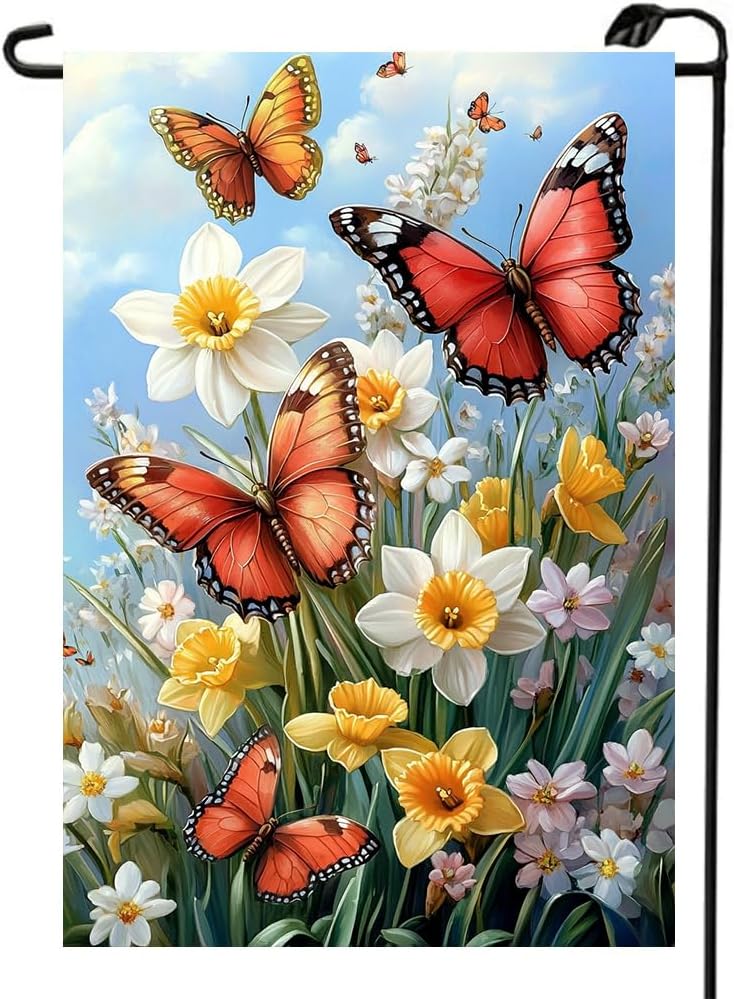 Spring Summer Garden Flag 12x18 Double Sided, Small Burlap Outdoor Butterfly Flowers Yard Lawn Porch Flags Spring Summer Decorations for Outside