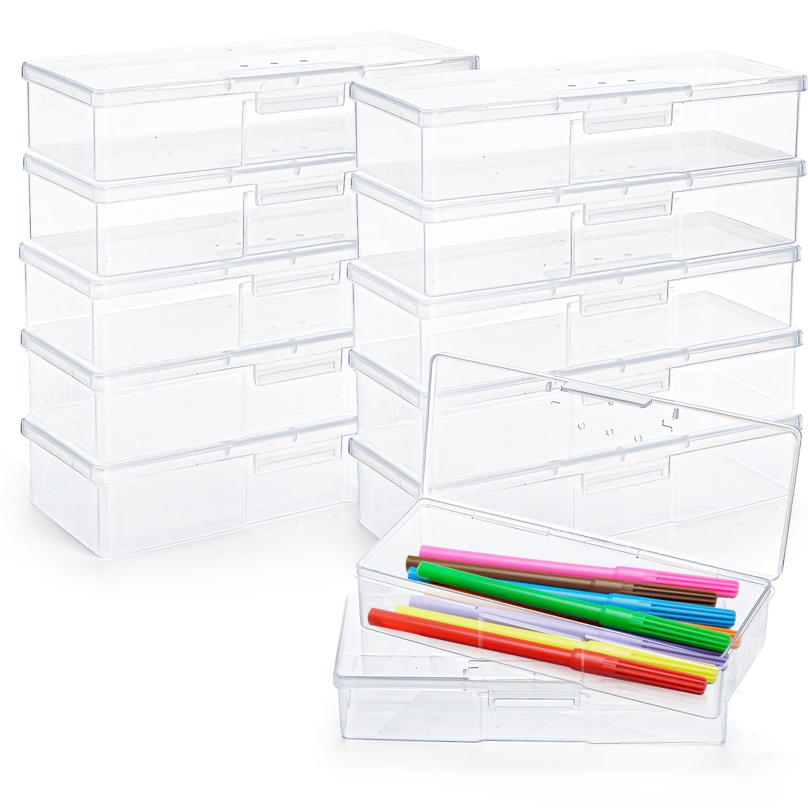 ZOOFOX 12 Pack Plastic Nail Storage Box, Stackable Pencil Case with Hinged Lid and Snap Closure, Clear Rectangle Box for Organizing Manicure Pedicure Kit, Crayon, Beads, Jewelry, Office Supplies