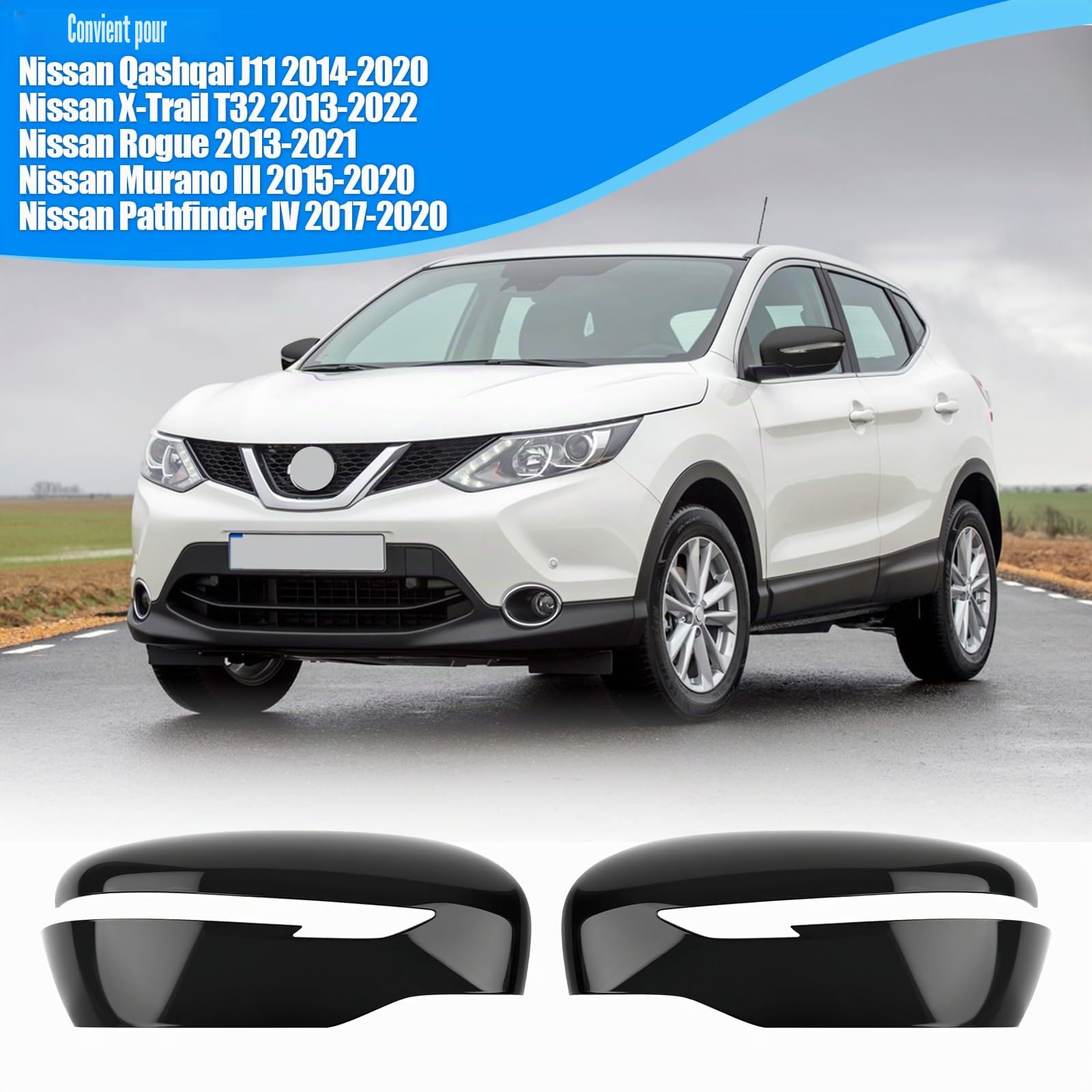 1 Par Capuchon de Rétroviseur Remplacement pour Nissan Qashqai J11 2014-2020/Rogue 2013-2021, Coque Retroviseur Exterieur De Voiture Couvercle Capuchon de Retroviseurs (Noir)
