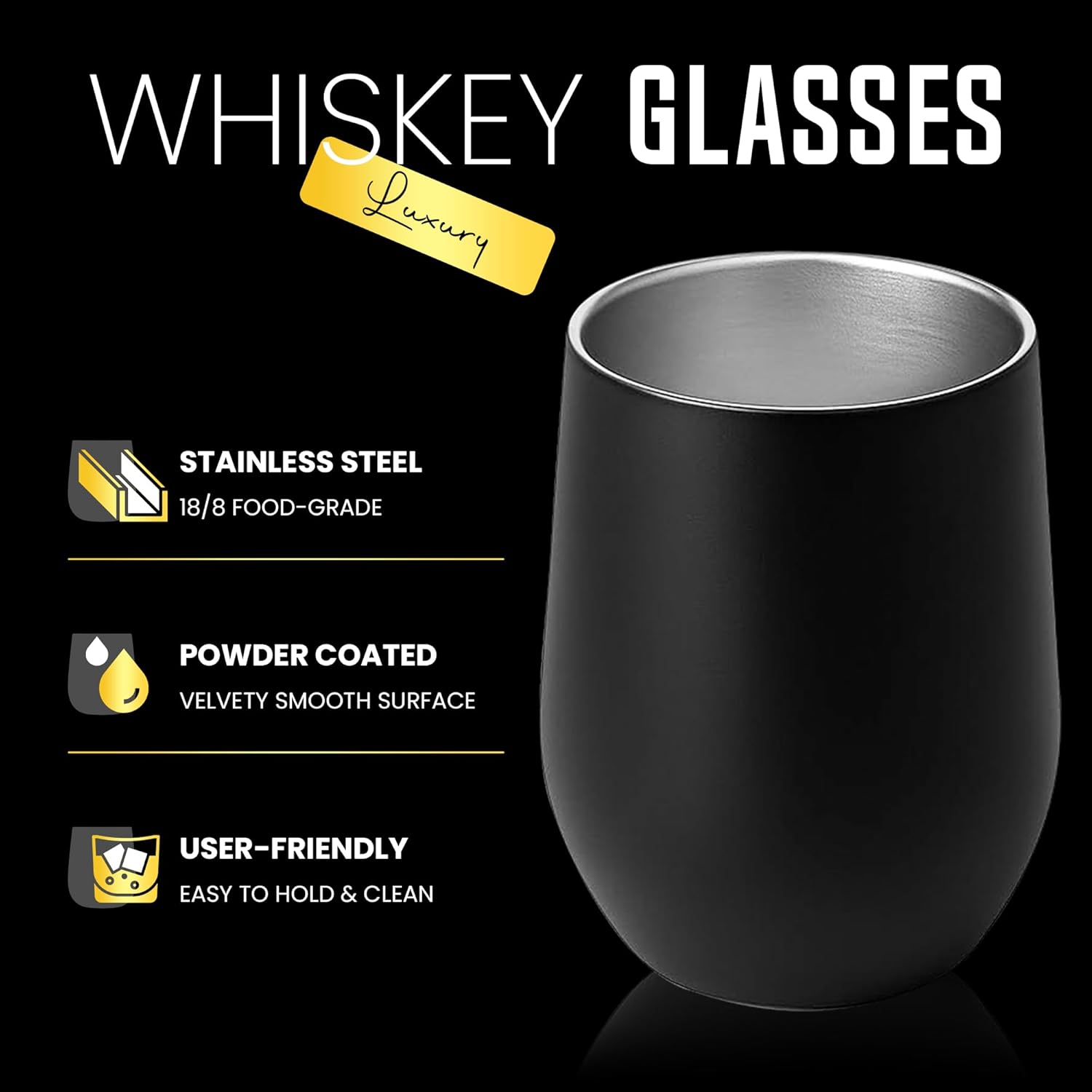 Double-Wall Insulated Whiskey Glass - 12 oz Stemless Nosing Stainless Steel Whisky Glass - Perfect for Bourbon and Whisky Lovers (Black - Pack of 2) - Image 3