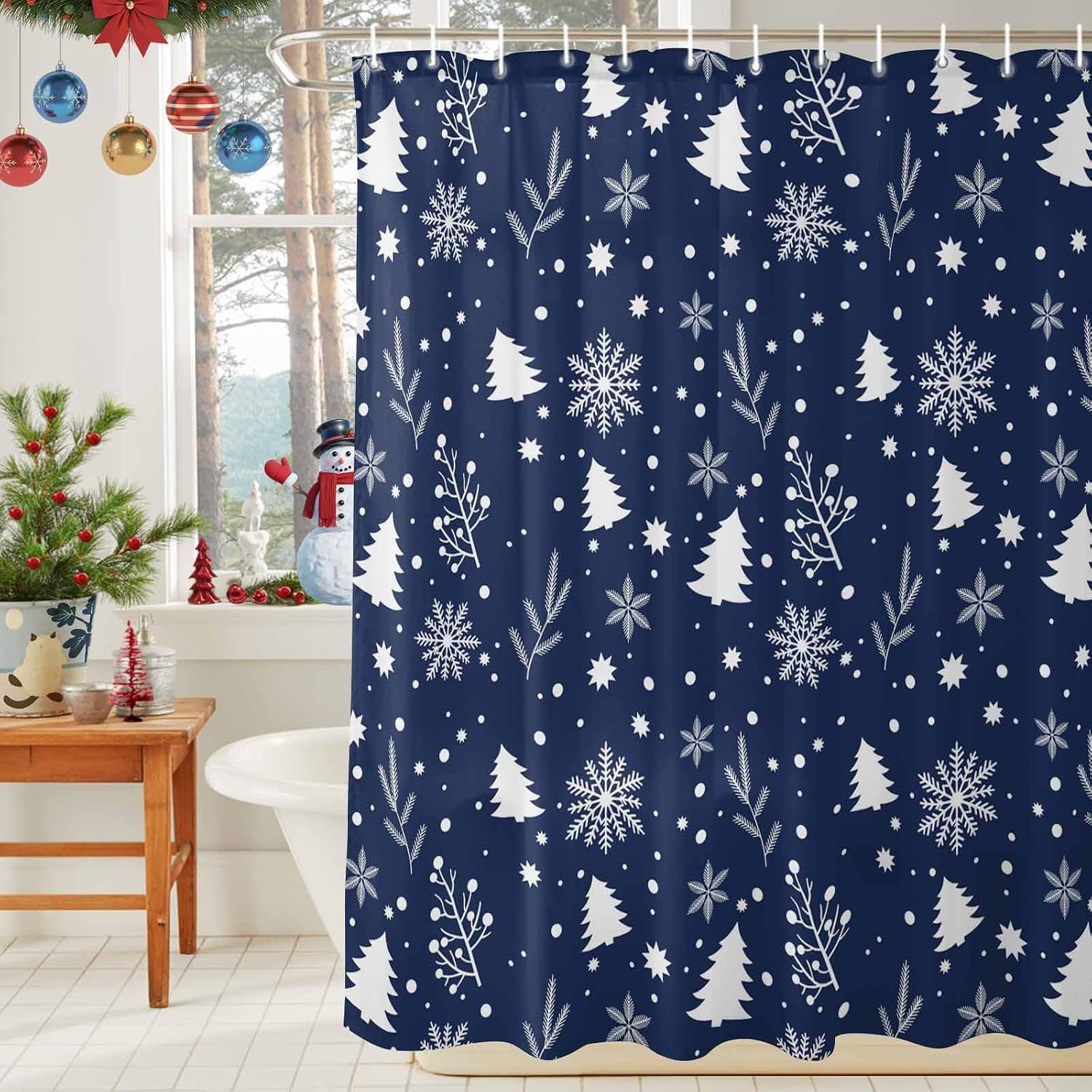 Navy Blue Christmas Shower Curtain Set - Standard Waterproof Shower Curtain 72 x 72 Inch, Xmas Trees Snowflake Winter Botanical Polyester Fabric Bathroom Curtains with 12 Hooks, Bathroom Accessories