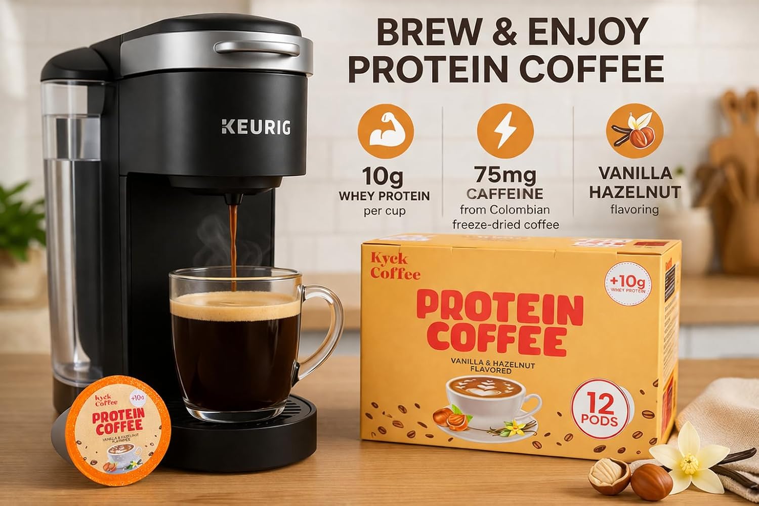 Kyck Protein Coffee K - Cup Pods (12 Count) – 10g Whey Protein per Cup 75mg Caffeine, Premium High- Protein Colombian Coffee Pods, Compatible with All Brewers