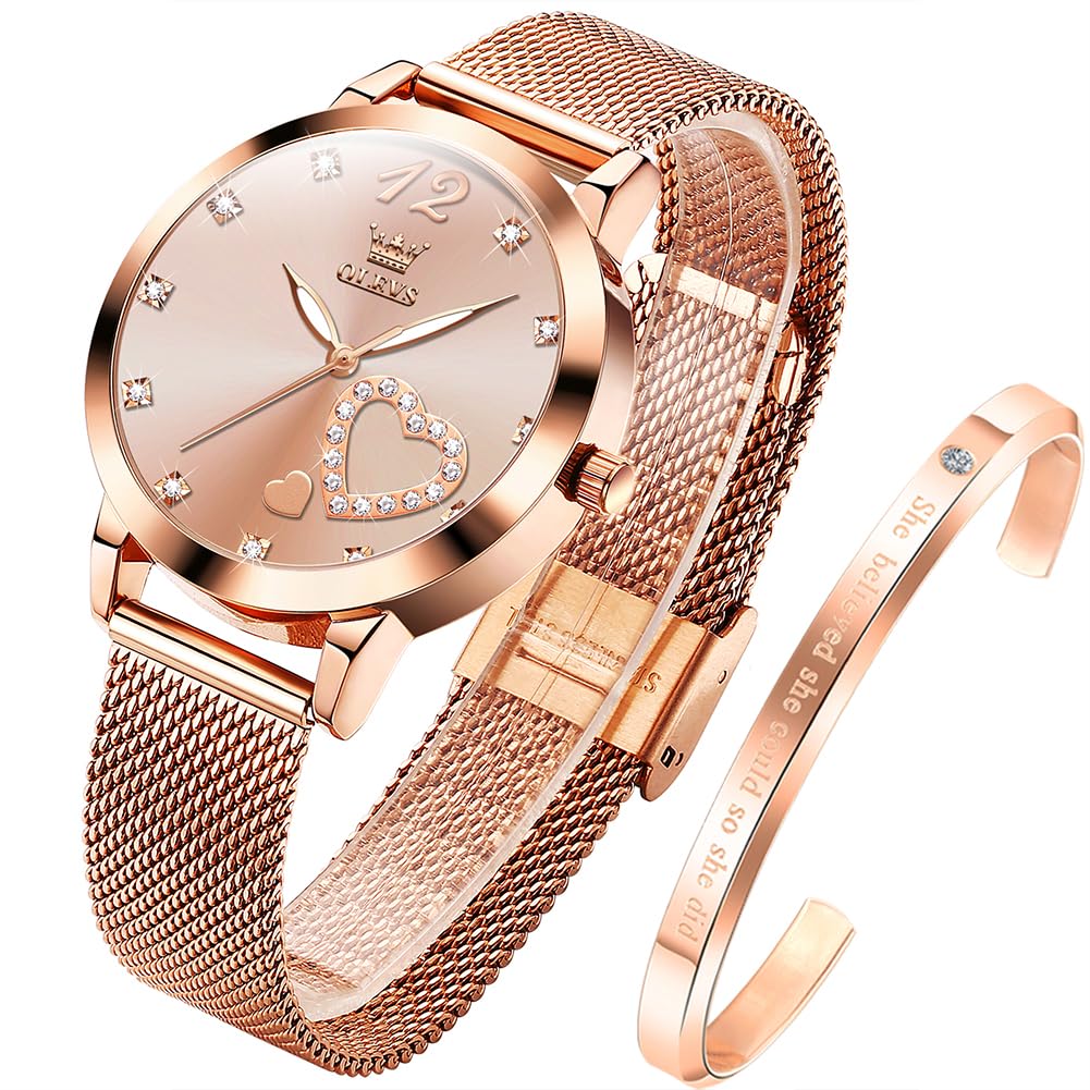OLEVS Damenuhr Roségold mit Herz Diamant Quarz Armbanduhr Wasserdicht Gürtel Armreif Set