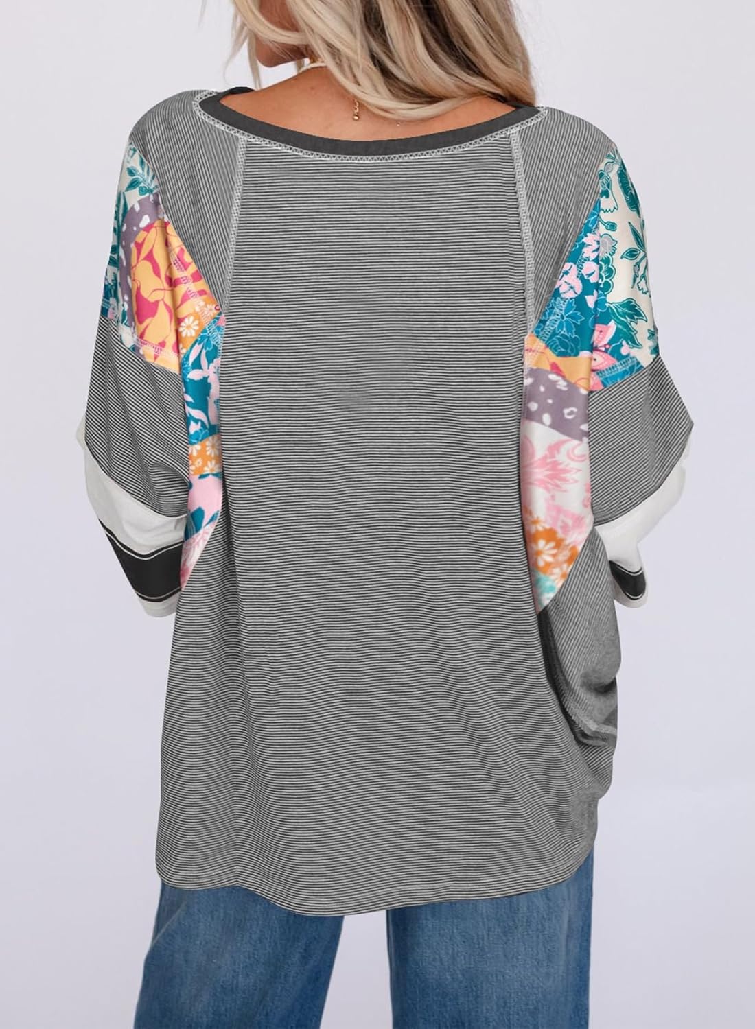 EVALESS Boho Tops for Women Dressy Casual Spring 3/4 Length Sleeve Crewneck Patchwork Striped Oversized Blouses Shirts - Image 3